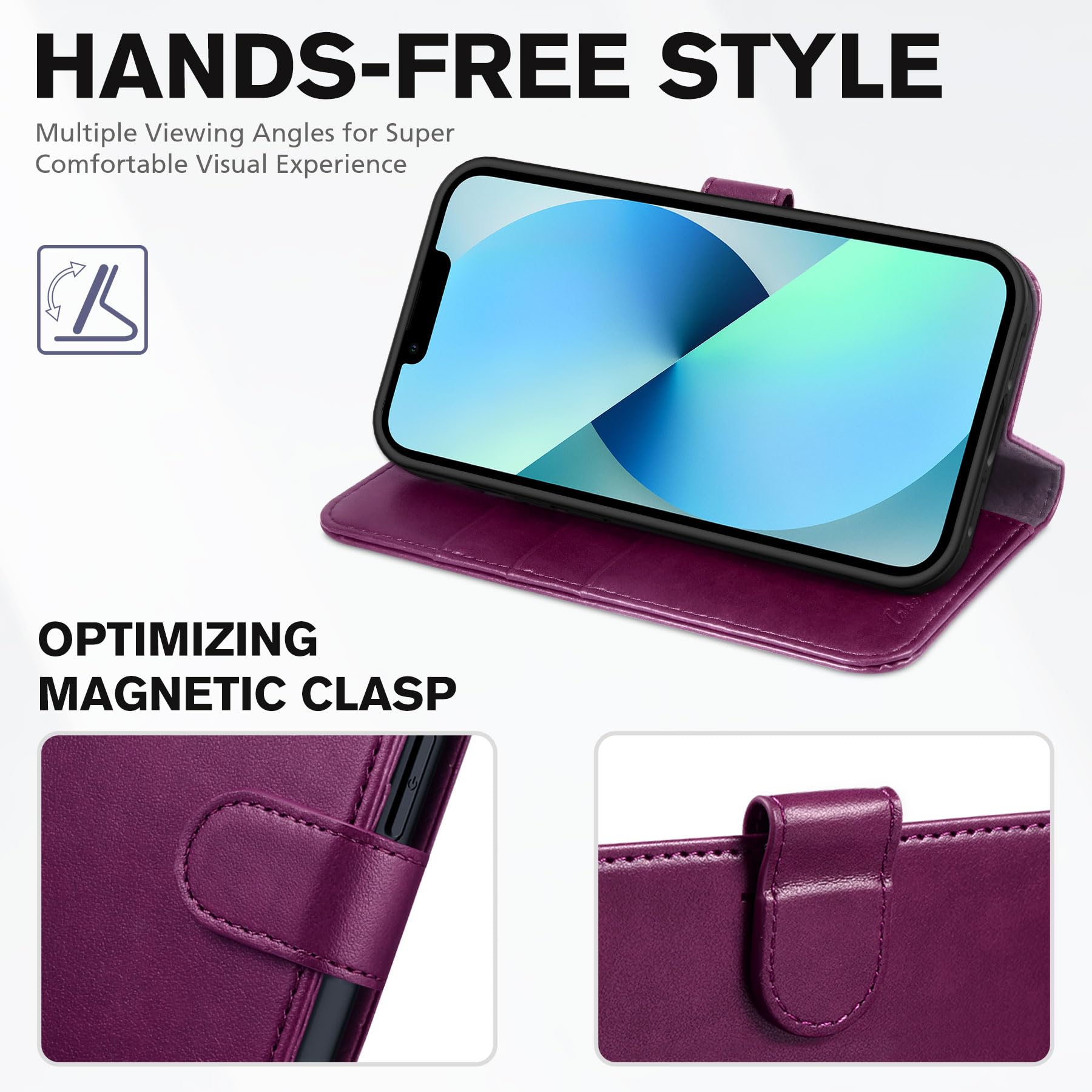 iPhone 13 6.1-inch 5G, [RFID Blocking] Card Slots Holder Stand [Shockproof TPU Interior Case] PU Leather Magnetic Protective Flip Cover Compatible with iPhone 13, Plum Purple