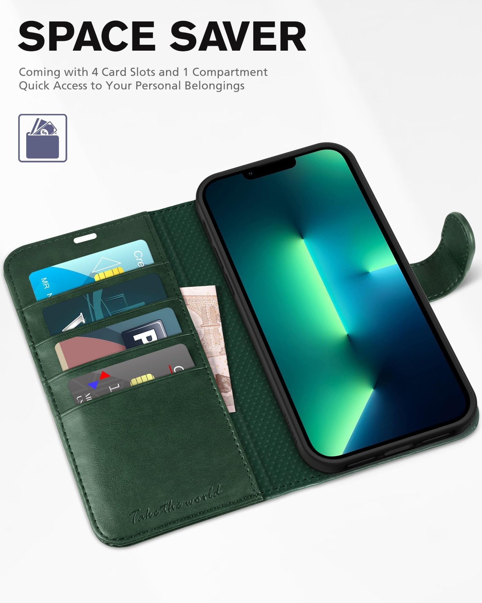 iPhone 13 Pro Max, RFID Blocking, 4 Card Slots, Stand Shockproof TPU Interior Shell, PU Leather Magnetic Flip Cover, Black