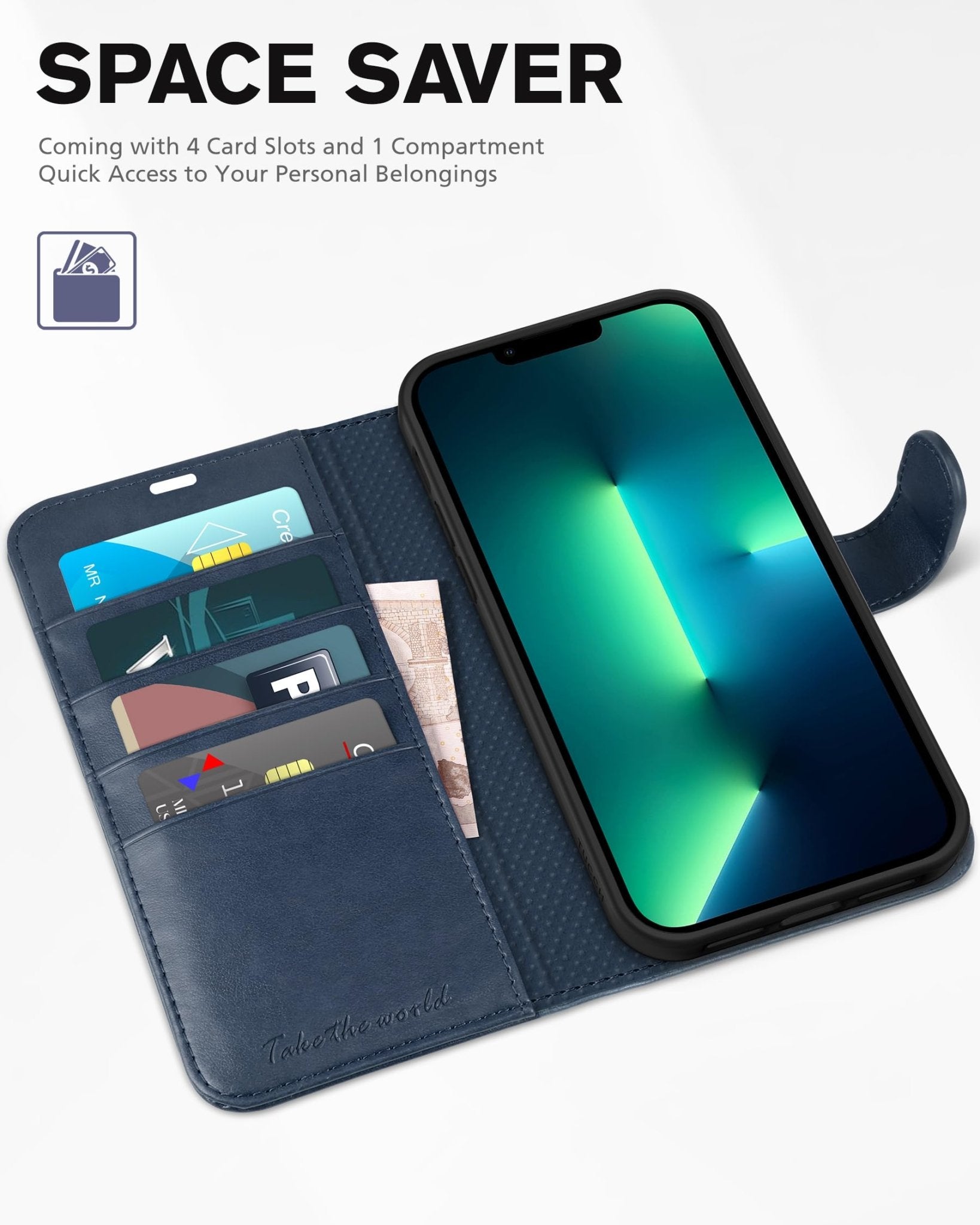 iPhone 13 Pro Max, RFID Blocking, 4 Card Slots, Stand Shockproof TPU Interior Shell, PU Leather Magnetic Flip Cover, Black