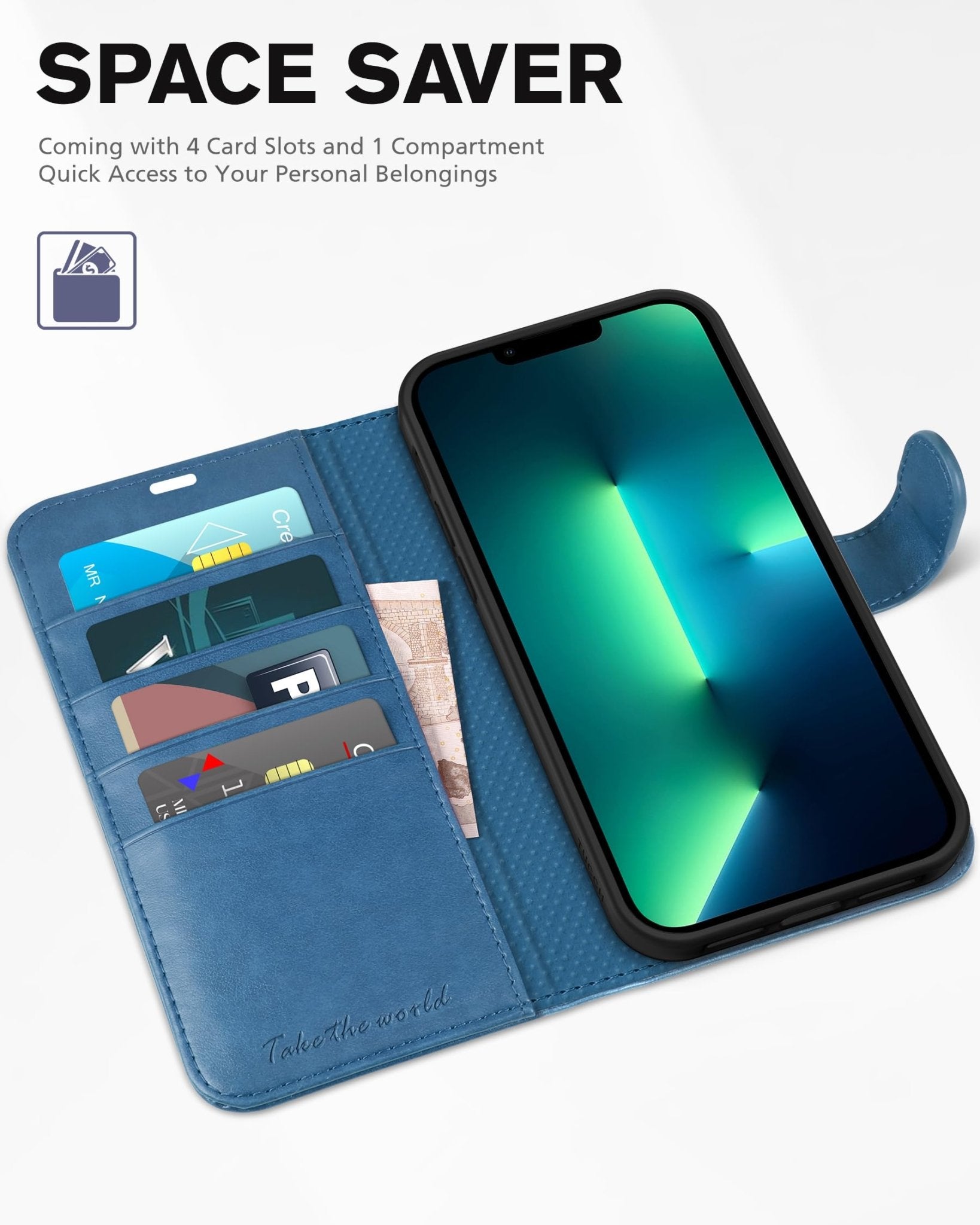 iPhone 13 Pro Max, RFID Blocking, 4 Card Slots, Stand Shockproof TPU Interior Shell, PU Leather Magnetic Flip Cover, Black