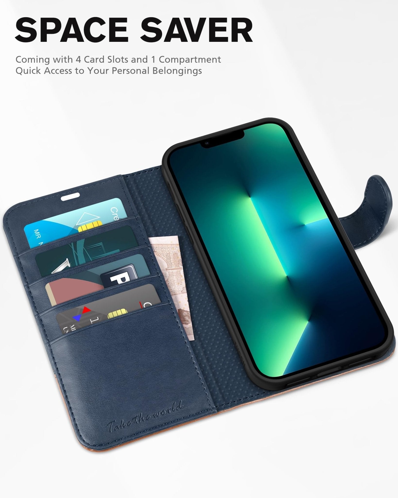 iPhone 13 Pro Max, RFID Blocking, 4 Card Slots, Stand Shockproof TPU Interior Shell, PU Leather Magnetic Flip Cover, Black