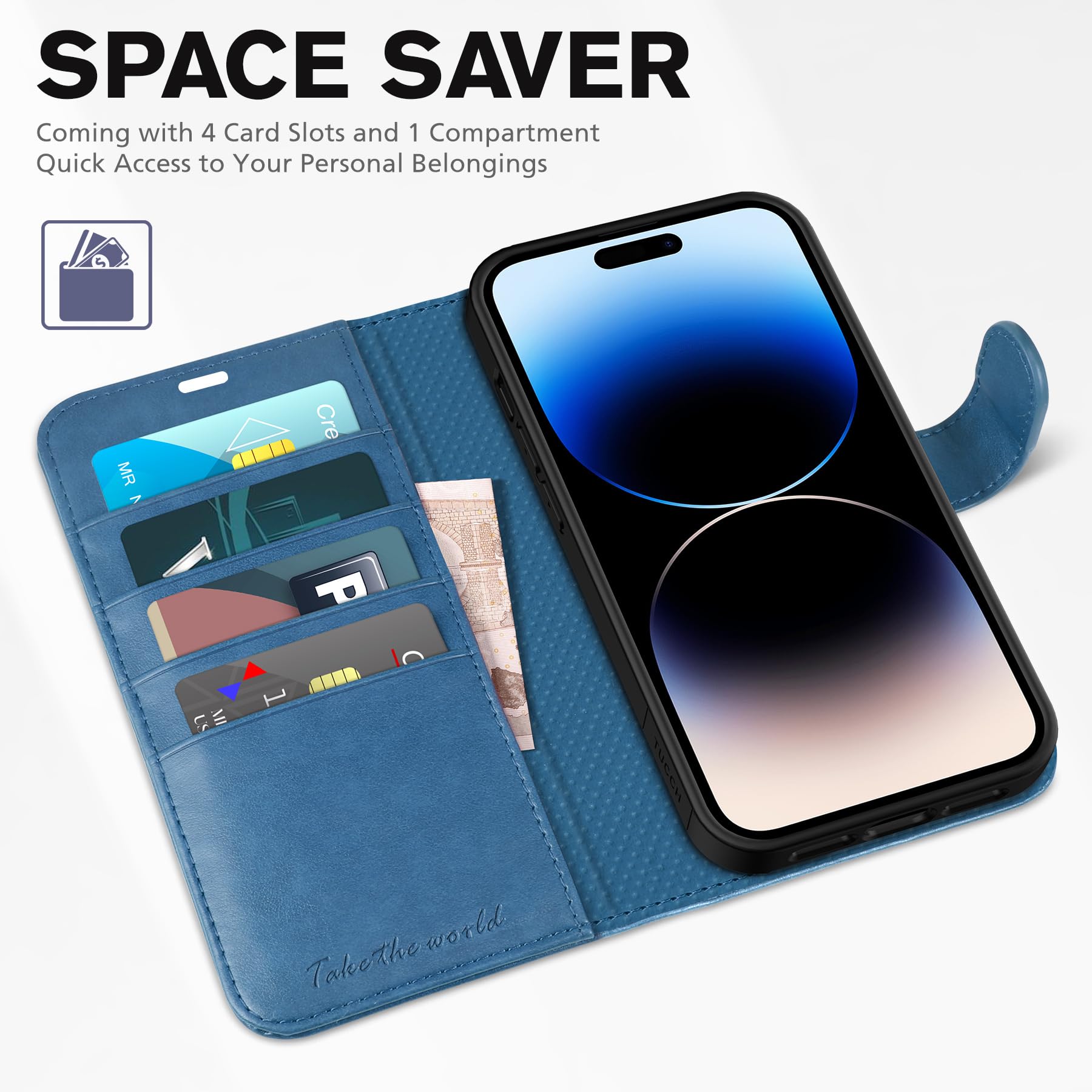 iPhone 14 Pro 5G, [RFID Blocking] 4 Card Holder Stand [Shockproof TPU Interior Case] PU Leather Magnetic Protective Flip Cover Compatible with iPhone 14 Pro 6.1" 2022, Black