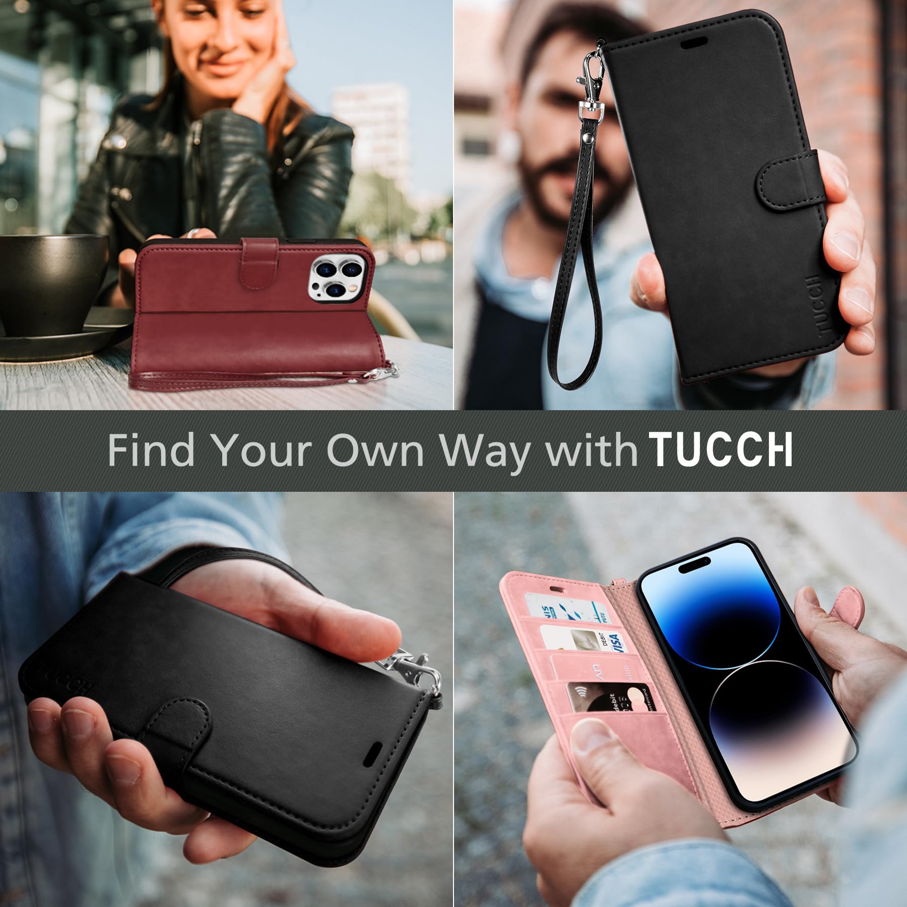 iPhone 14 Pro 5G, [RFID Blocking] 4 Card Holder Stand [Shockproof TPU Interior Case] PU Leather Magnetic Protective Flip Cover Compatible with iPhone 14 Pro 6.1" 2022, Black