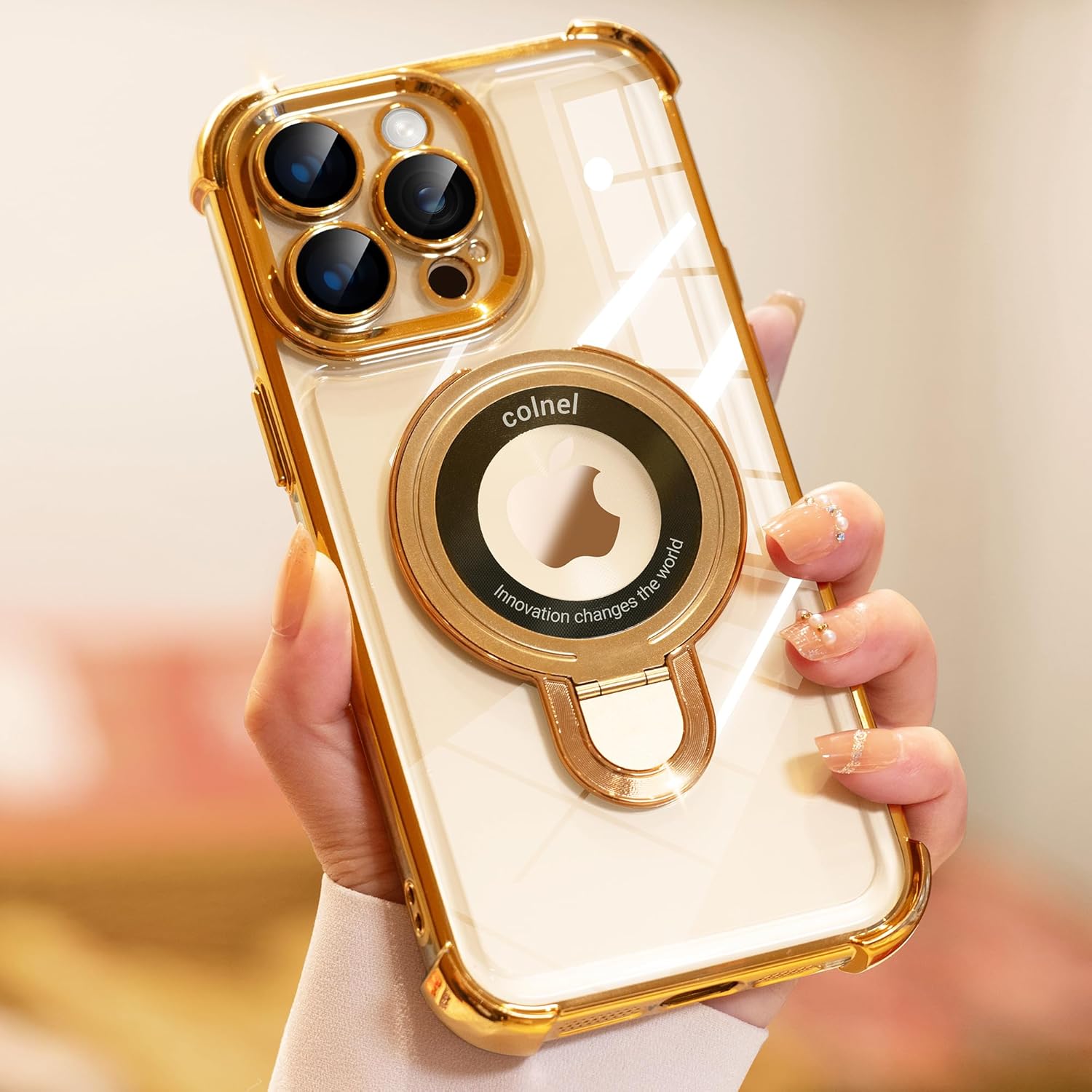 iPhone 14 Pro Max Case with Integrated Lens Protection, [Foldable Stand & Ring Holder], Glossy Shockproof Bumper Stylish Women Case for iPhone 14 Pro Max, Gold