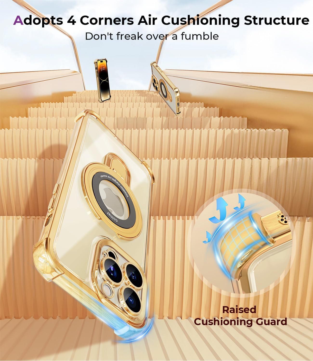 iPhone 14 Pro Max Case with Integrated Lens Protection, [Foldable Stand & Ring Holder], Glossy Shockproof Bumper Stylish Women Case for iPhone 14 Pro Max, Gold