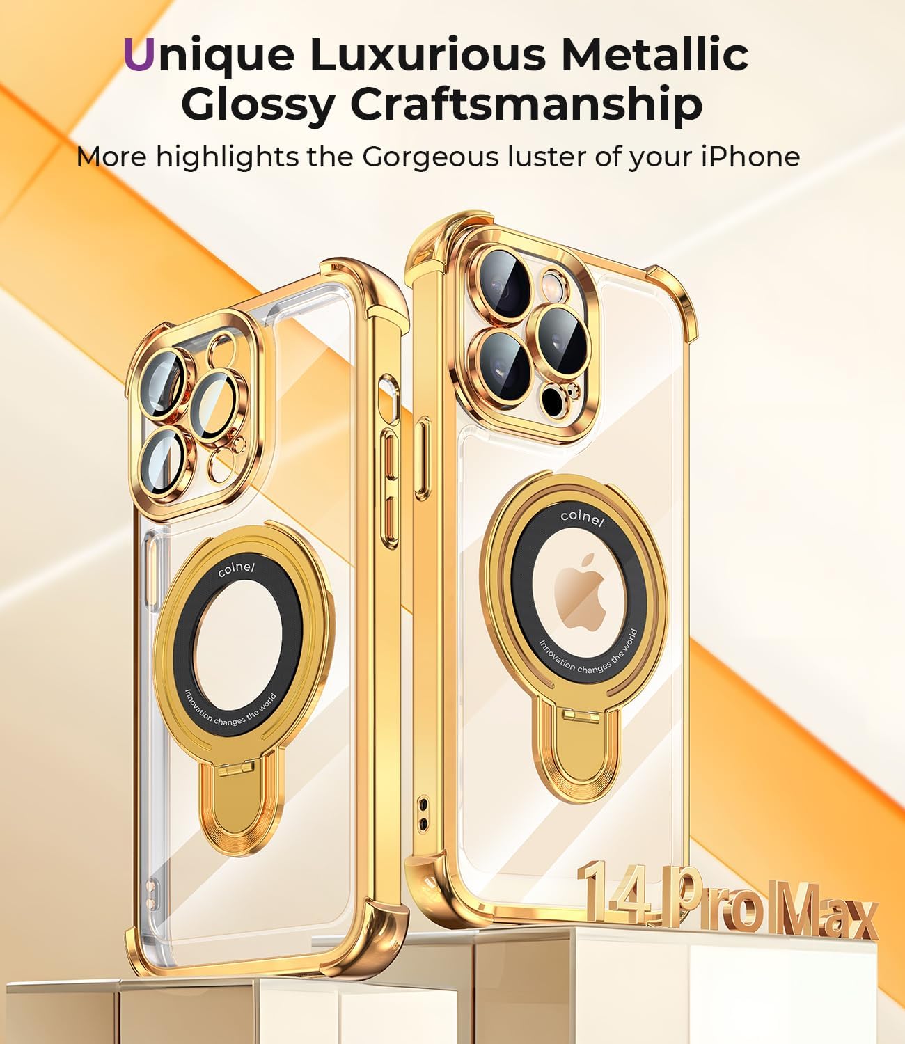 iPhone 14 Pro Max Case with Integrated Lens Protection, [Foldable Stand & Ring Holder], Glossy Shockproof Bumper Stylish Women Case for iPhone 14 Pro Max, Gold