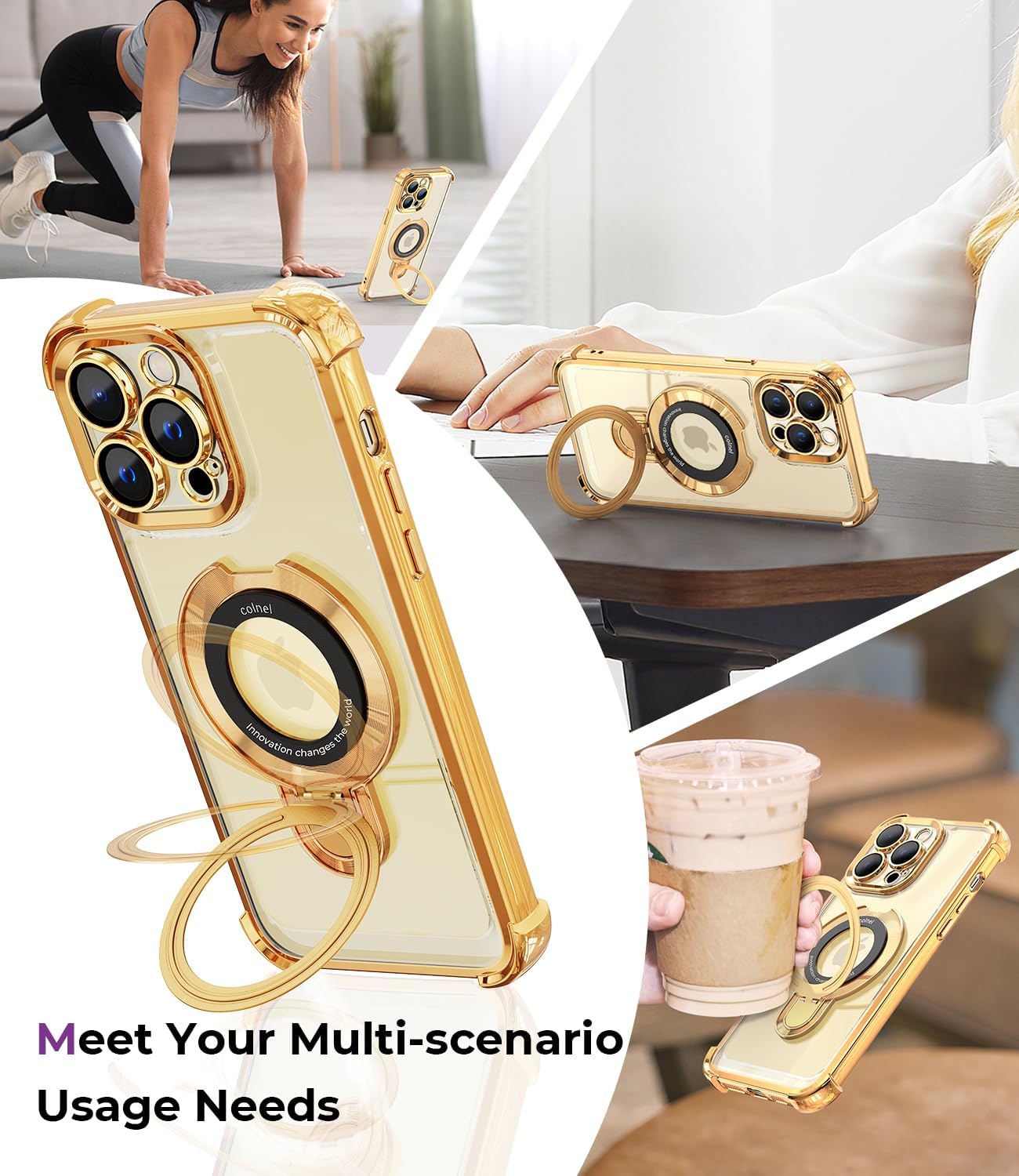 iPhone 14 Pro Max Case with Integrated Lens Protection, [Foldable Stand & Ring Holder], Glossy Shockproof Bumper Stylish Women Case for iPhone 14 Pro Max, Gold