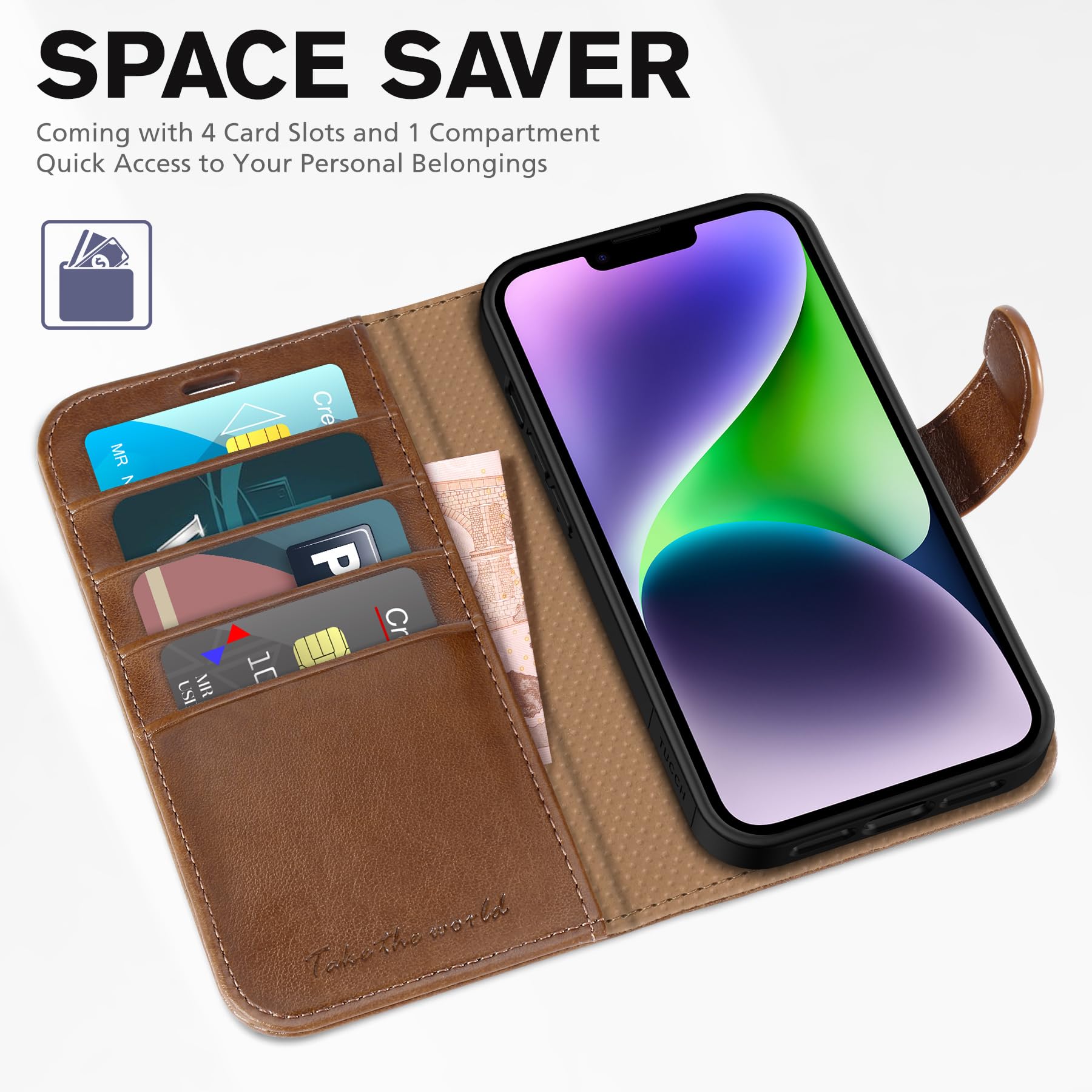 iPhone 14, [RFID Blocking] 4 Card Holder Stand [Shockproof TPU Interior Shell], PU Leather Magnetic Protective Flip Cover 6.1" 2022, Black