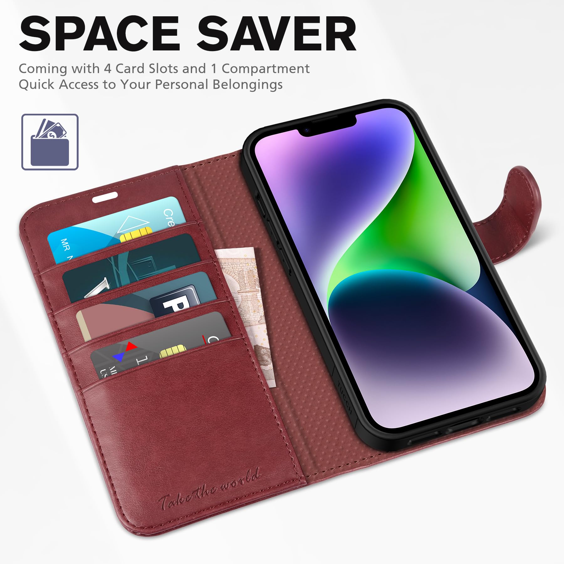 iPhone 14, [RFID Blocking] 4 Card Holder Stand [Shockproof TPU Interior Shell], PU Leather Magnetic Protective Flip Cover 6.1" 2022, Black