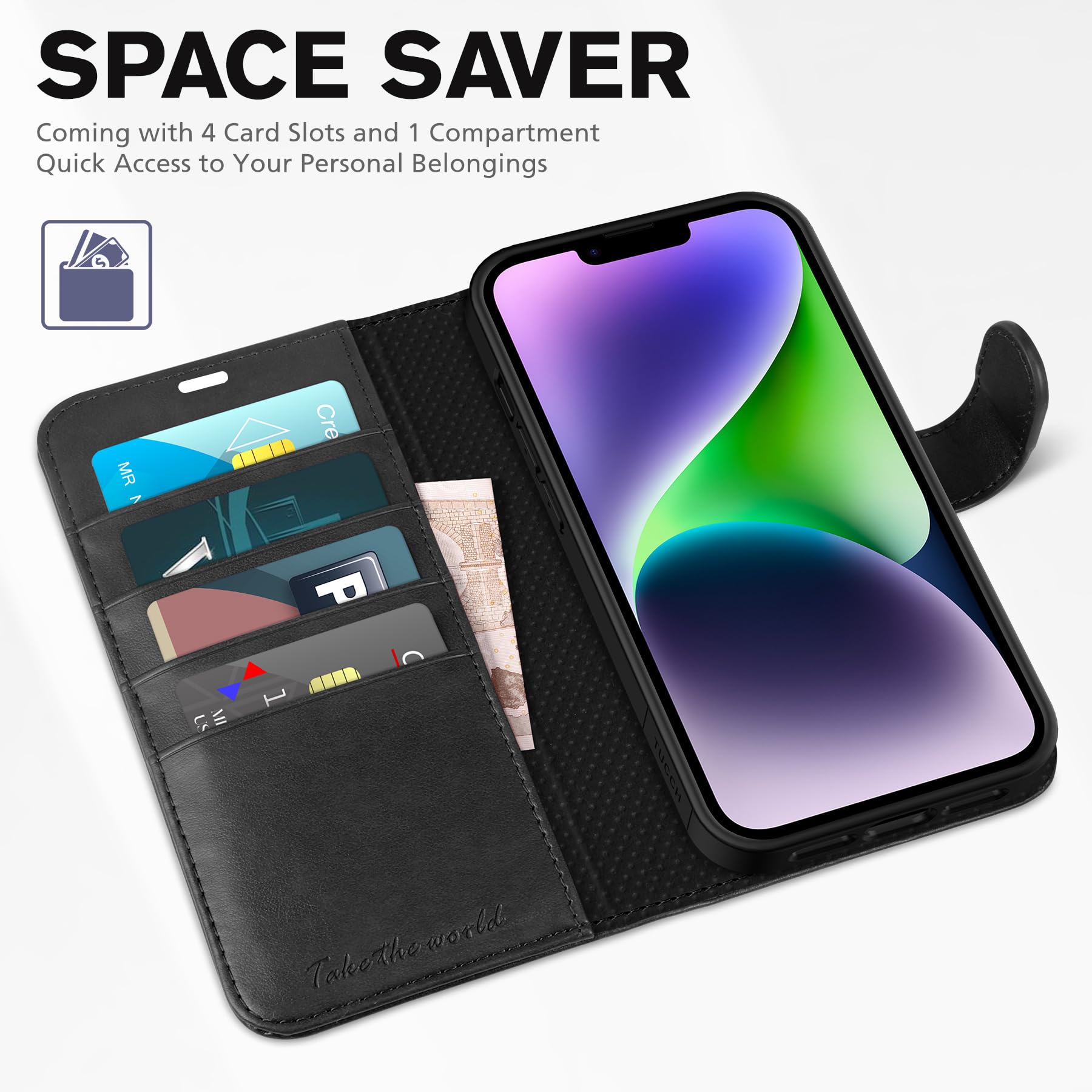 iPhone 14, [RFID Blocking] 4 Card Holder Stand [Shockproof TPU Interior Shell], PU Leather Magnetic Protective Flip Cover 6.1" 2022, Black