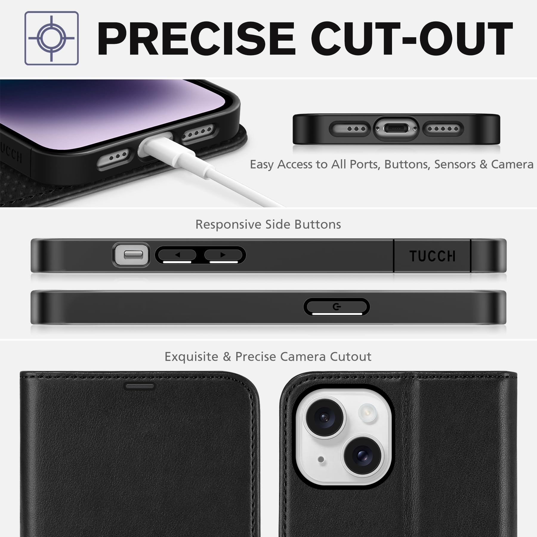 iPhone 14, [RFID Blocking] 4 Card Holder Stand [Shockproof TPU Interior Shell], PU Leather Magnetic Protective Flip Cover 6.1" 2022, Black