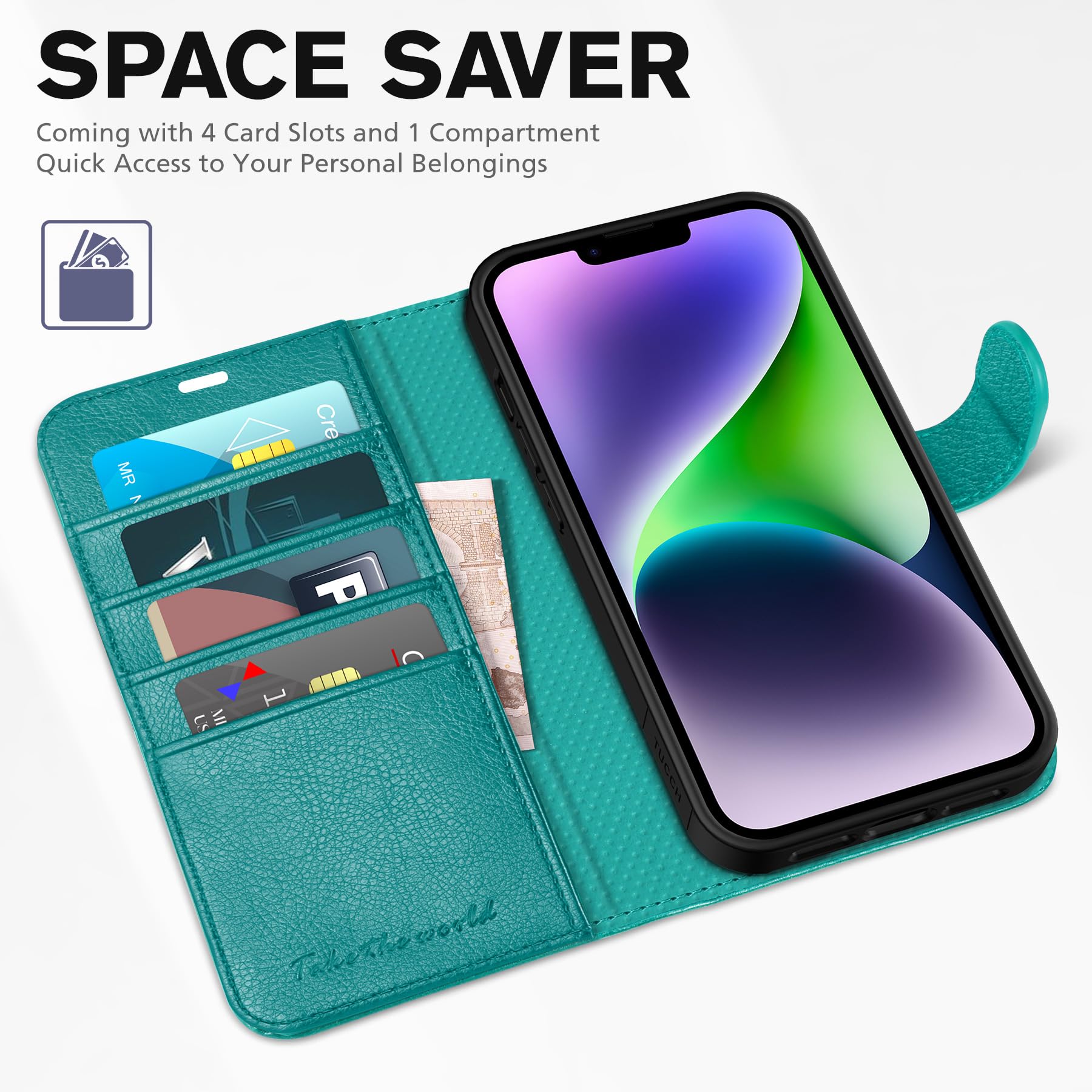 iPhone 14, [RFID Blocking] 4 Card Holder Stand [Shockproof TPU Interior Shell], PU Leather Magnetic Protective Flip Cover 6.1" 2022, Black