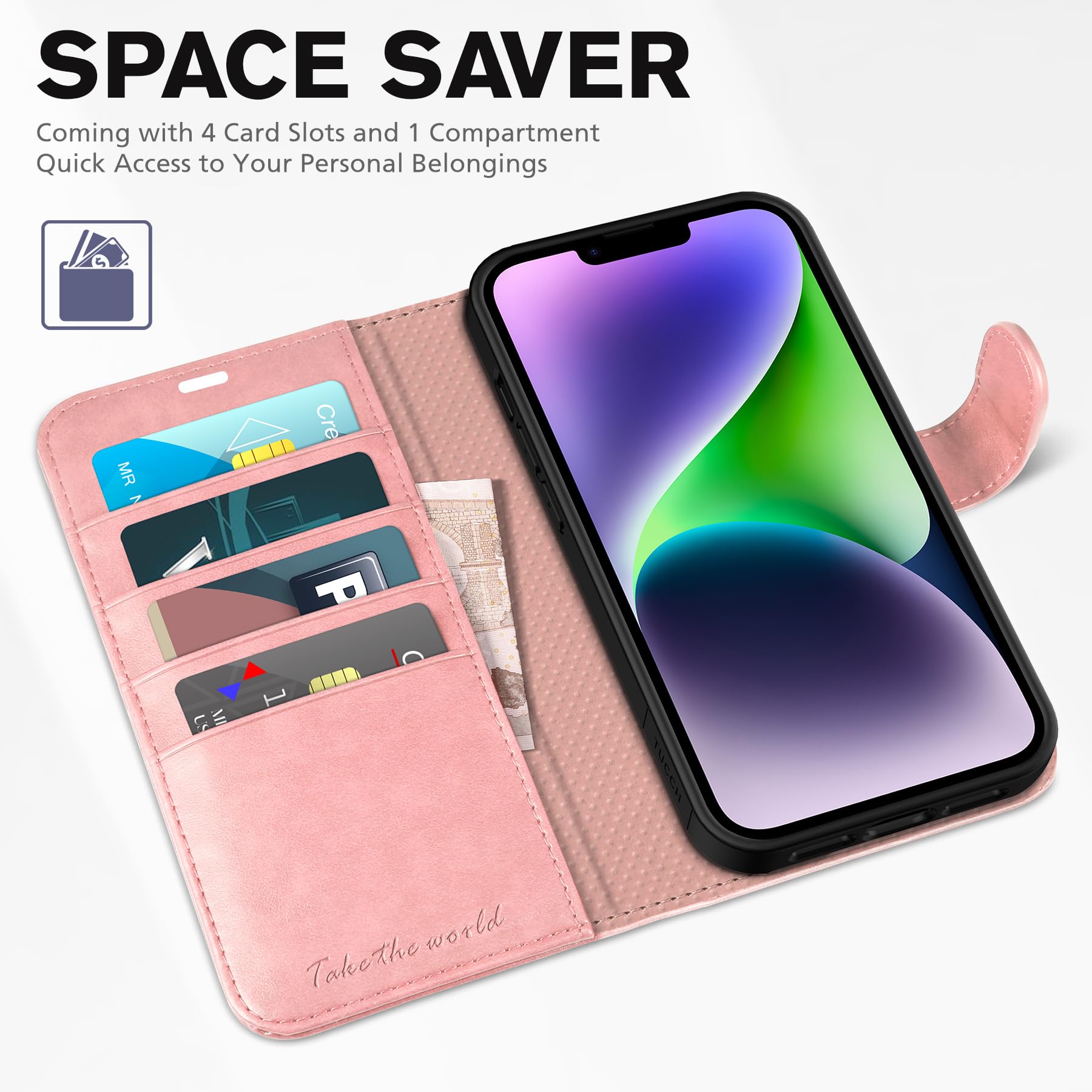 iPhone 14, [RFID Blocking] 4 Card Holder Stand [Shockproof TPU Interior Shell], PU Leather Magnetic Protective Flip Cover 6.1" 2022, Black