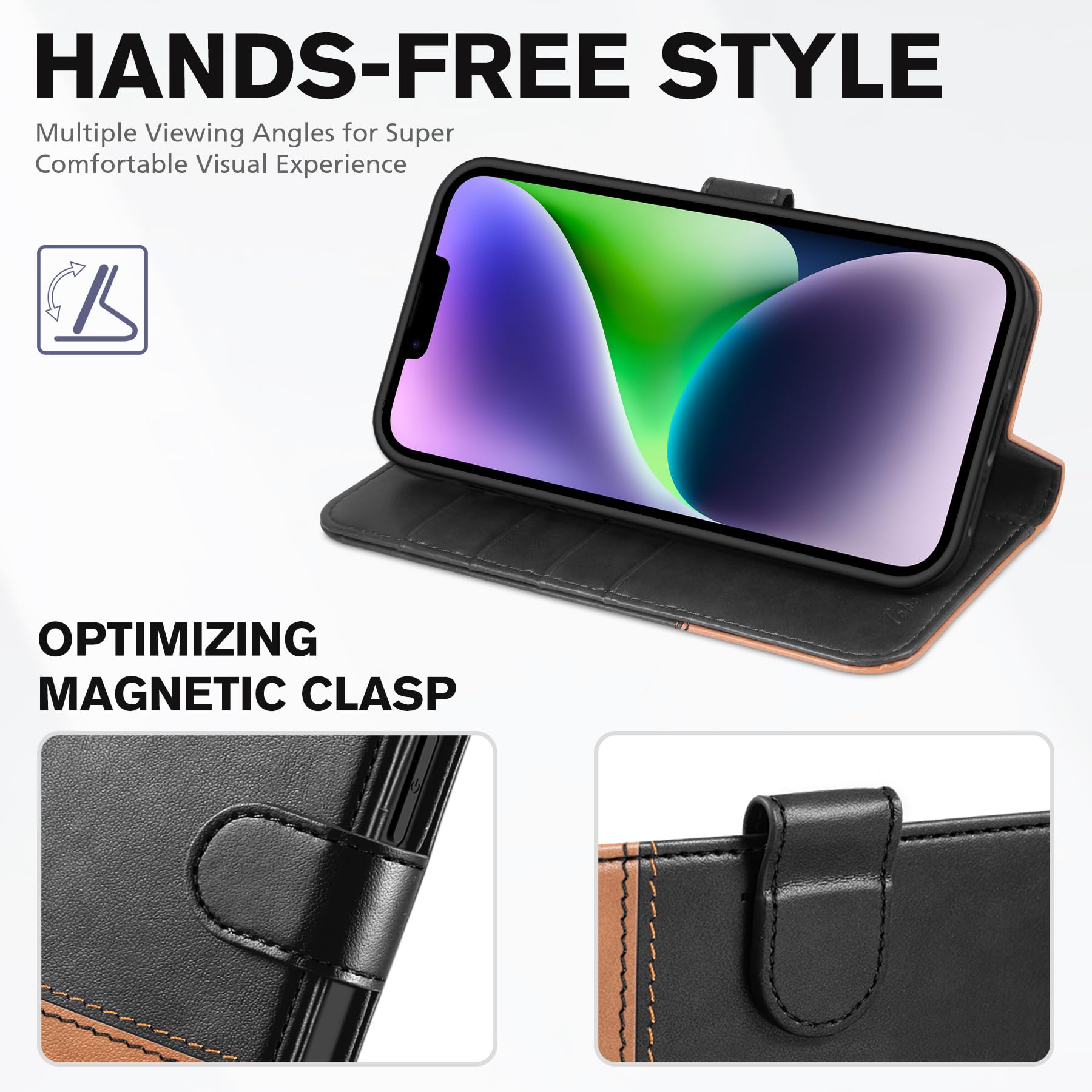 iPhone 14, [RFID Blocking] 4 Card Holder Stand [Shockproof TPU Interior Shell], PU Leather Magnetic Protective Flip Cover 6.1" 2022, Black