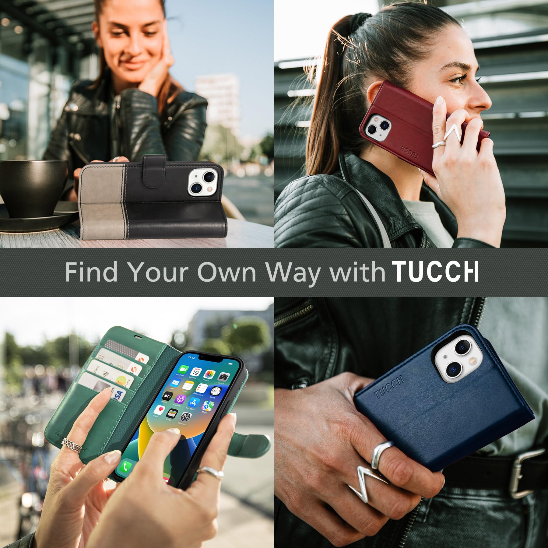 iPhone 14, [RFID Blocking] 4 Card Holder Stand [Shockproof TPU Interior Shell], PU Leather Magnetic Protective Flip Cover 6.1" 2022, Black