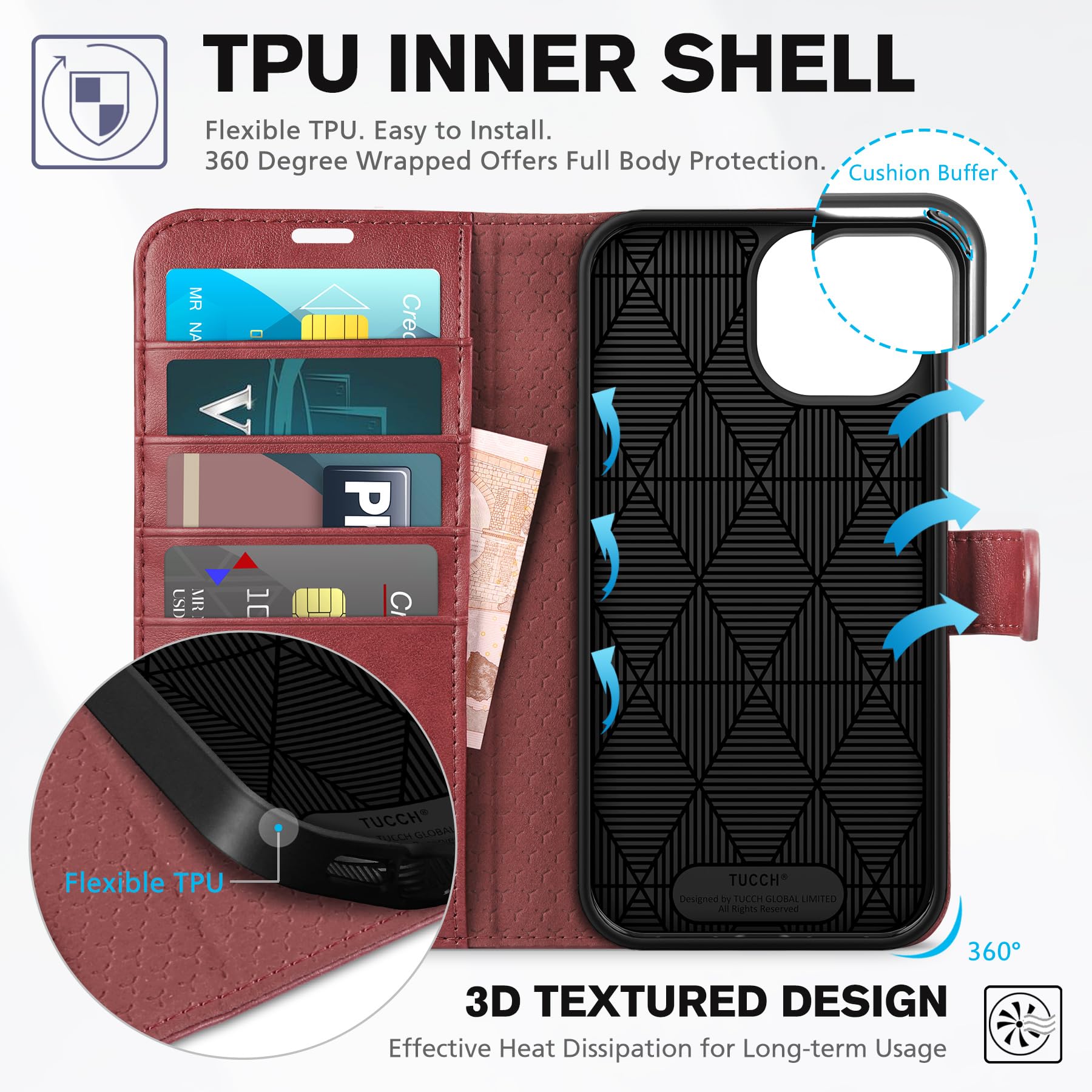 iPhone 15 6.1", Kickstand PU Leather [RFID Blocking] 4 Card Holder Magnetic Stand Protective Cover [TPU Shockproof Inner Shell] 5G 2023, Black