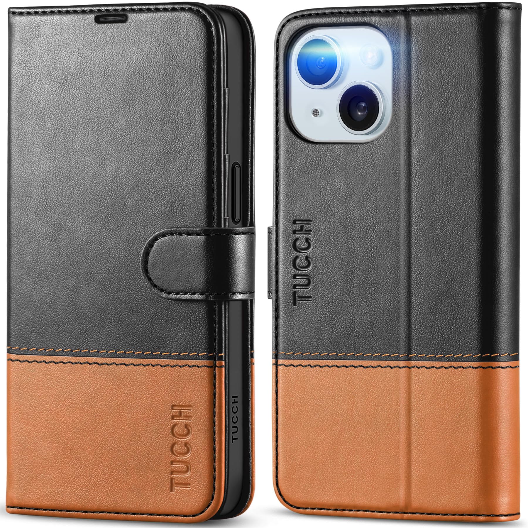 iPhone 15 6.1", Kickstand PU Leather [RFID Blocking] 4 Card Holder Magnetic Stand Protective Cover [TPU Shockproof Inner Shell] 5G 2023, Black