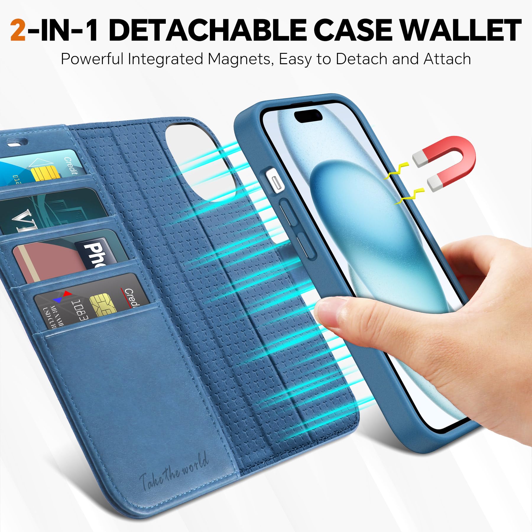 iPhone 15 6.1", Kickstand PU Leather [RFID Blocking] 4 Card Holder Magnetic Stand Protective Cover [TPU Shockproof Inner Shell] 5G 2023, Black