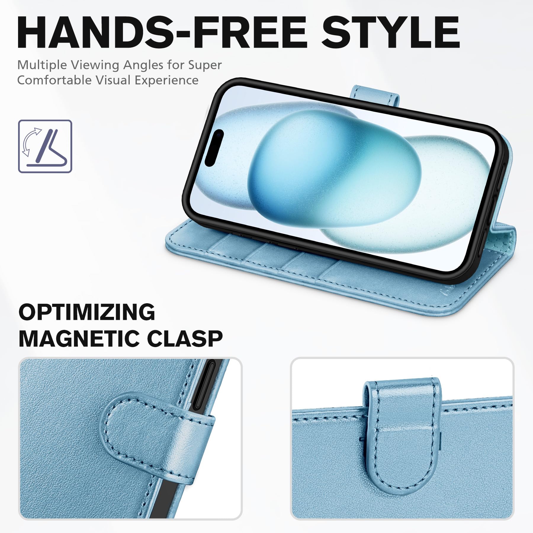 iPhone 15 6.1", Kickstand PU Leather [RFID Blocking] 4 Card Holder Magnetic Stand Protective Cover [TPU Shockproof Inner Shell] 5G 2023, Black