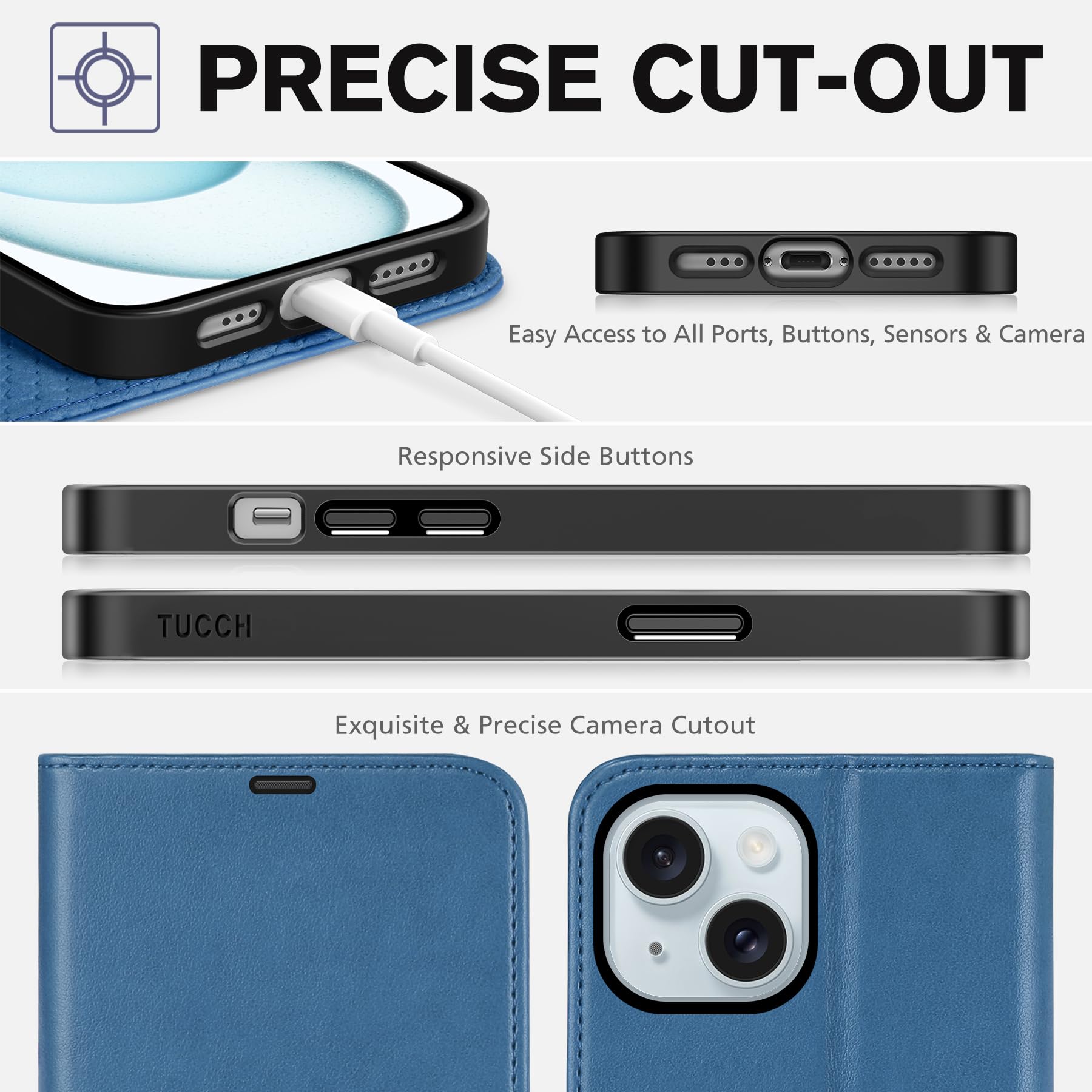 iPhone 15 6.1", Kickstand PU Leather [RFID Blocking] 4 Card Holder Magnetic Stand Protective Cover [TPU Shockproof Inner Shell] 5G 2023, Black