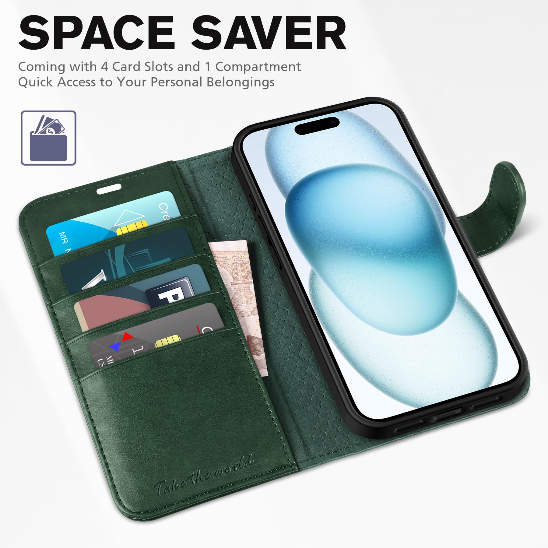 iPhone 15 6.1", Kickstand PU Leather [RFID Blocking] 4 Card Holder Magnetic Stand Protective Cover [TPU Shockproof Inner Shell] 5G 2023, Black