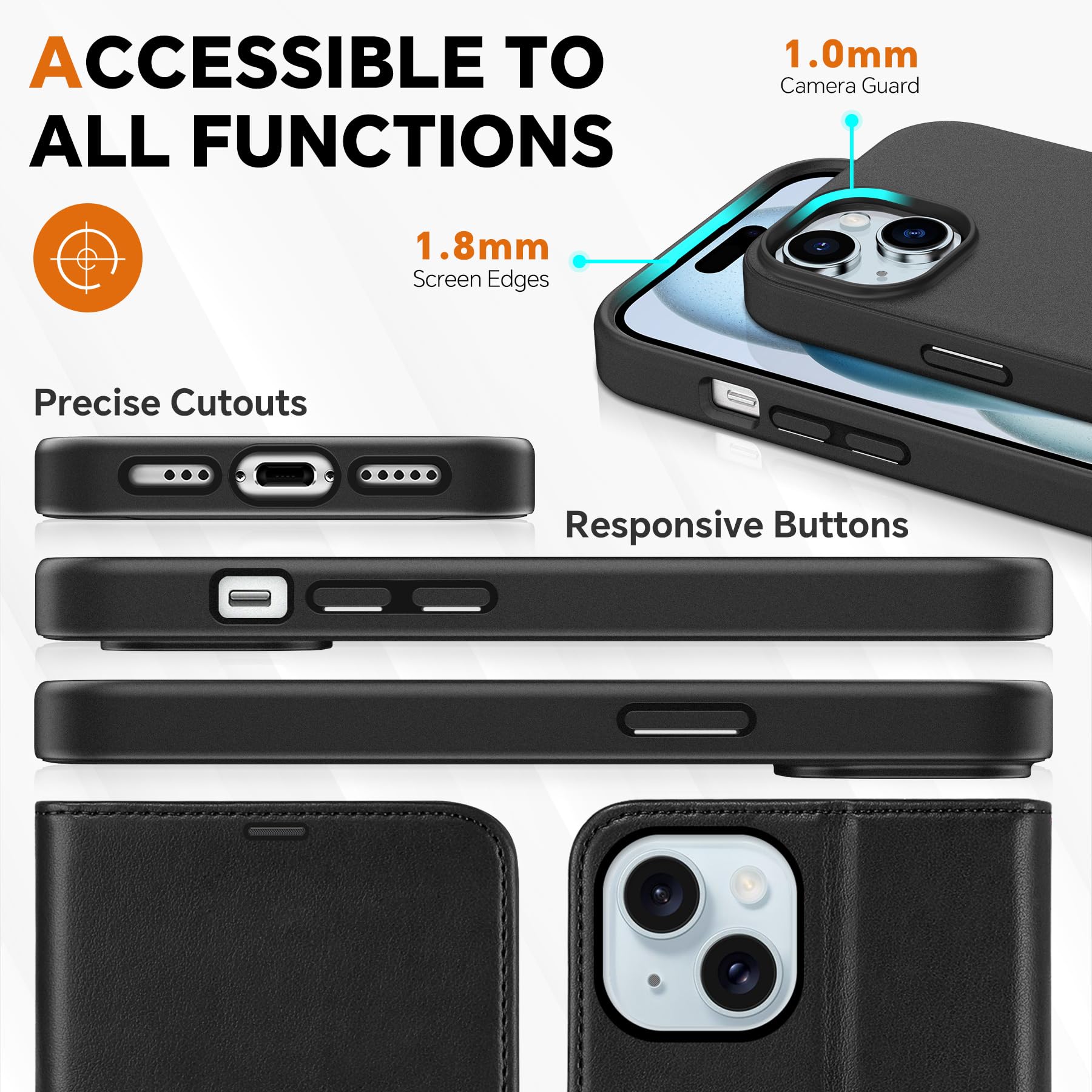 iPhone 15 6.1", Kickstand PU Leather [RFID Blocking] 4 Card Holder Magnetic Stand Protective Cover [TPU Shockproof Inner Shell] 5G 2023, Black