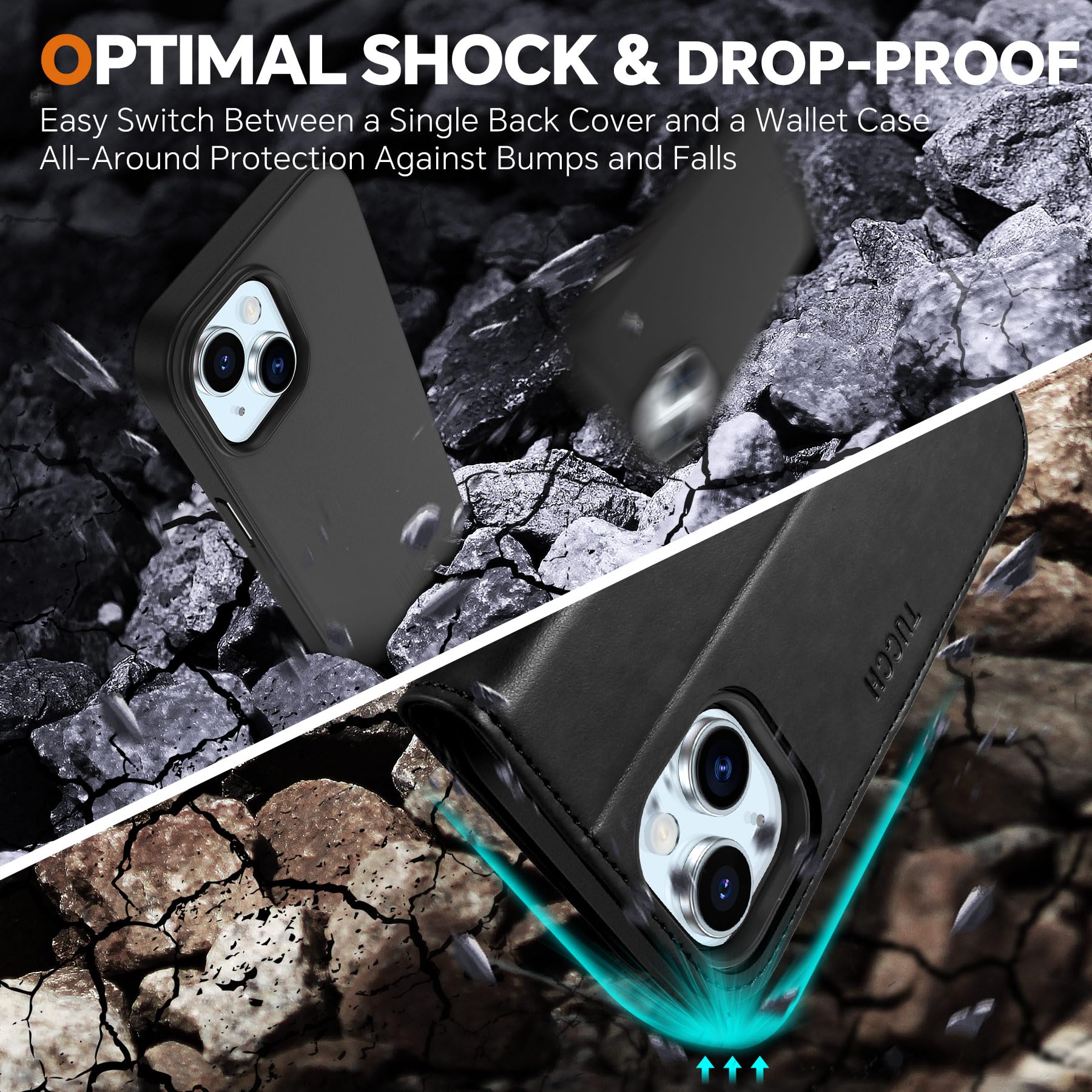 iPhone 15 6.1", Kickstand PU Leather [RFID Blocking] 4 Card Holder Magnetic Stand Protective Cover [TPU Shockproof Inner Shell] 5G 2023, Black