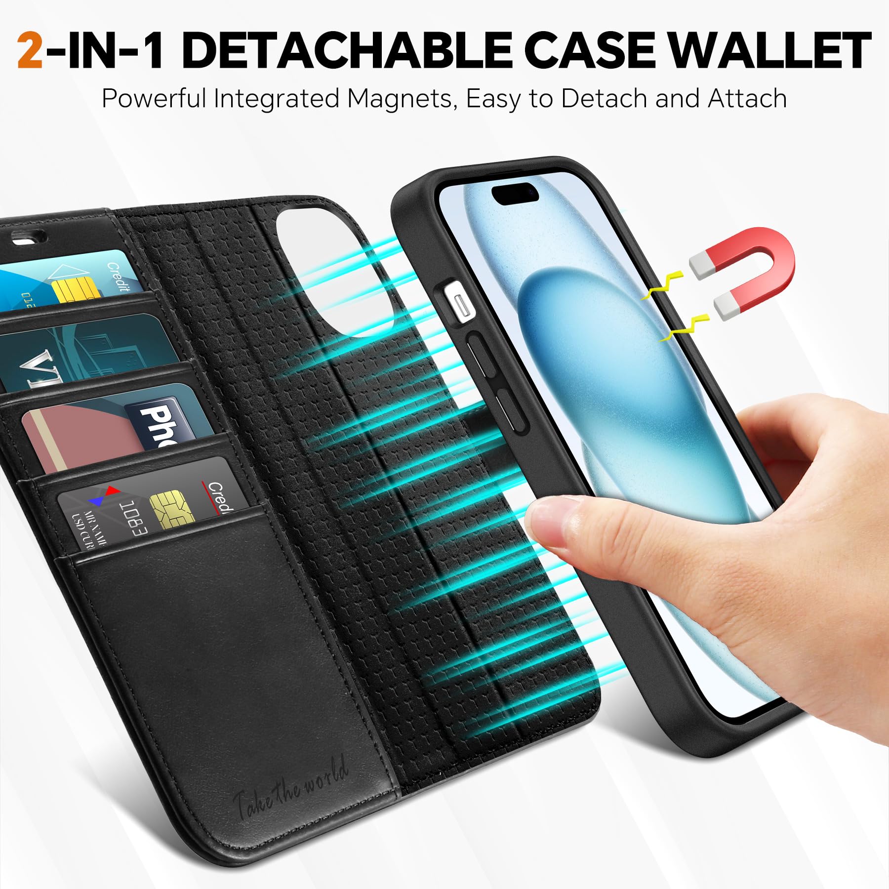 iPhone 15 6.1", Kickstand PU Leather [RFID Blocking] 4 Card Holder Magnetic Stand Protective Cover [TPU Shockproof Inner Shell] 5G 2023, Black