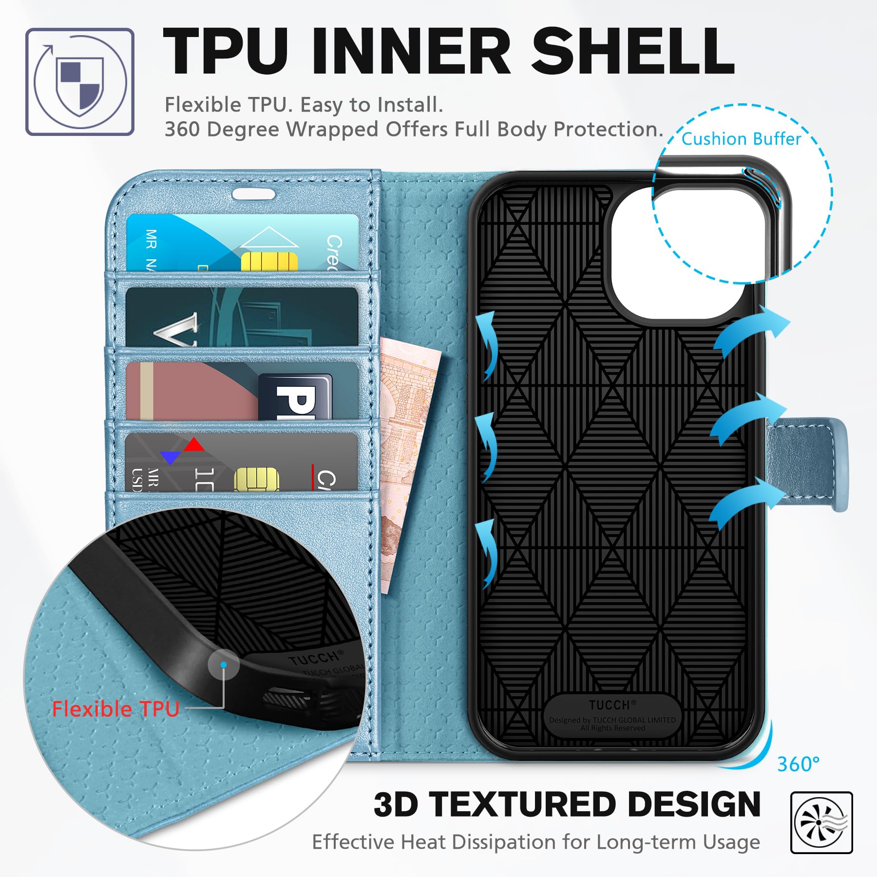 iPhone 15 6.1", Kickstand PU Leather [RFID Blocking] 4 Card Holder Magnetic Stand Protective Cover [TPU Shockproof Inner Shell] 5G 2023, Black