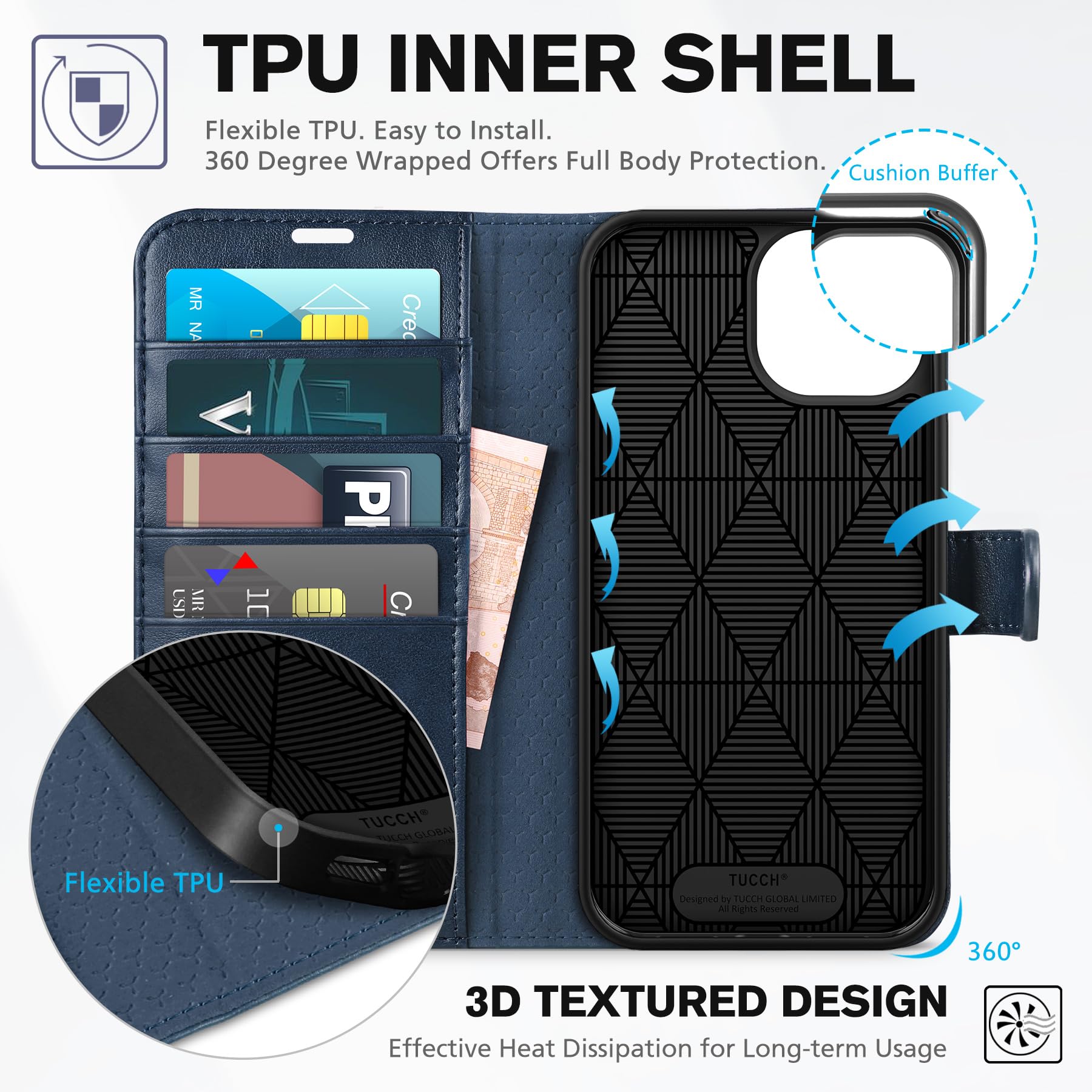 iPhone 15 6.1", Kickstand PU Leather [RFID Blocking] 4 Card Holder Magnetic Stand Protective Cover [TPU Shockproof Inner Shell] 5G 2023, Black