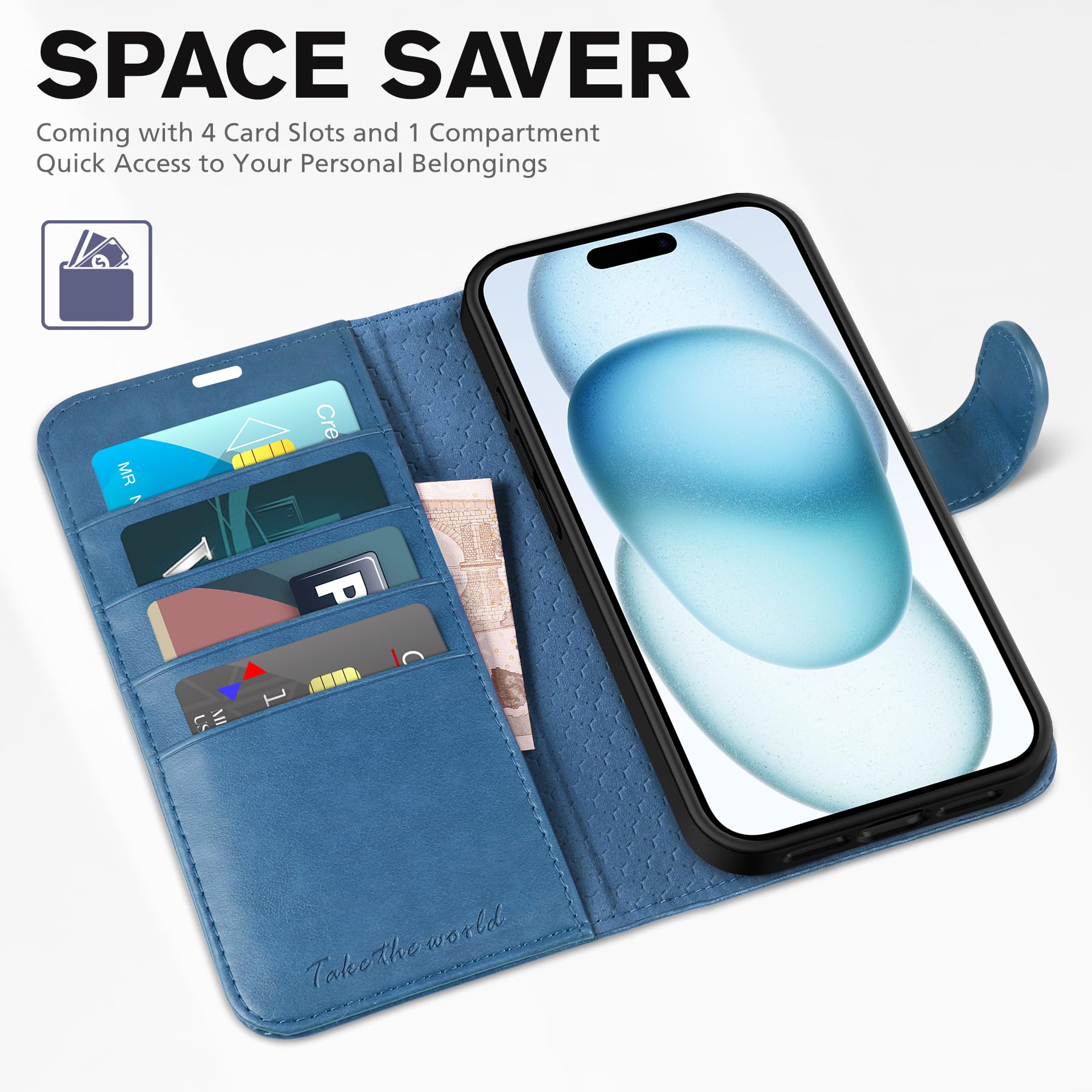 iPhone 15 6.1", Kickstand PU Leather [RFID Blocking] 4 Card Holder Magnetic Stand Protective Cover [TPU Shockproof Inner Shell] 5G 2023, Black