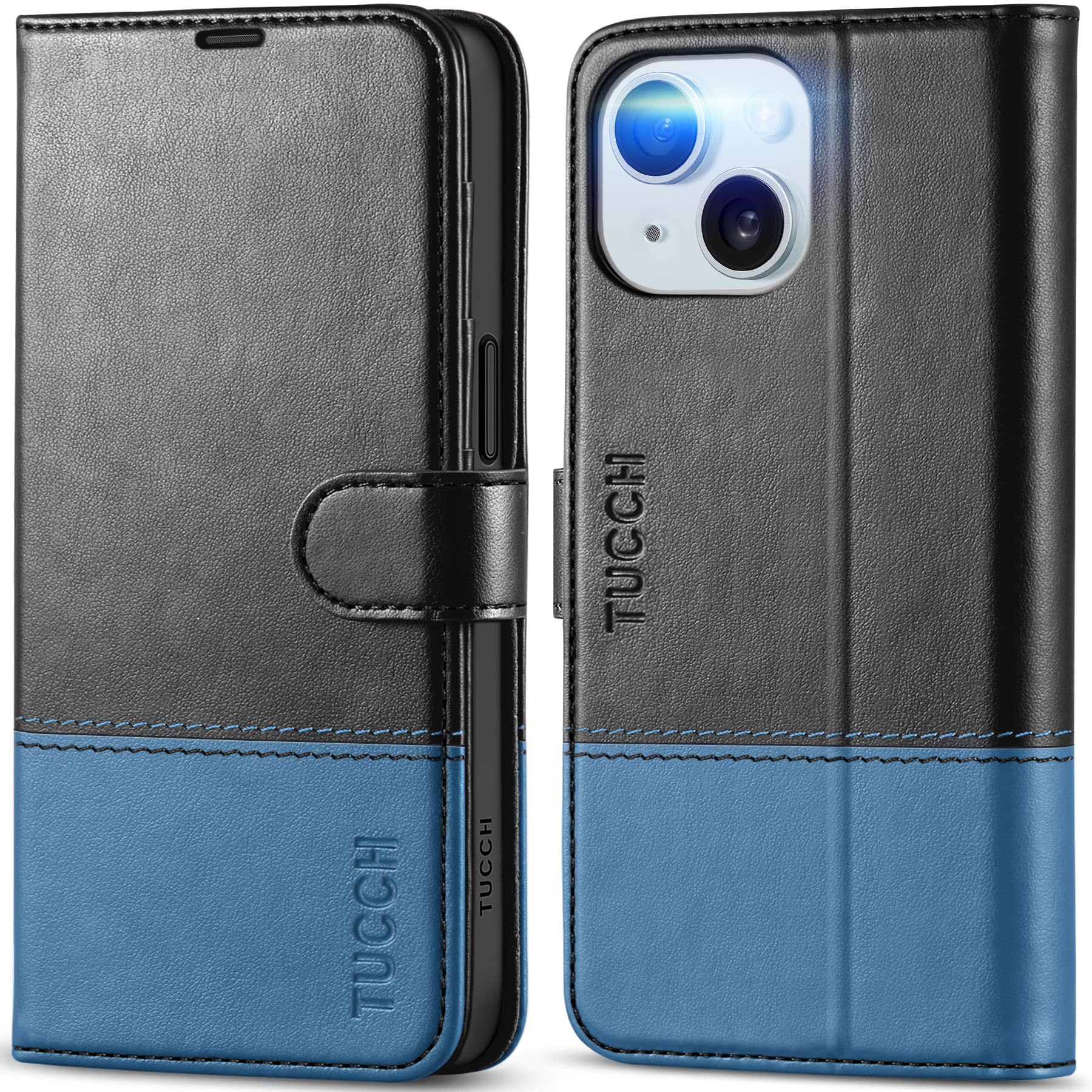 iPhone 15 6.1", Kickstand PU Leather [RFID Blocking] 4 Card Holder Magnetic Stand Protective Cover [TPU Shockproof Inner Shell] 5G 2023, Black