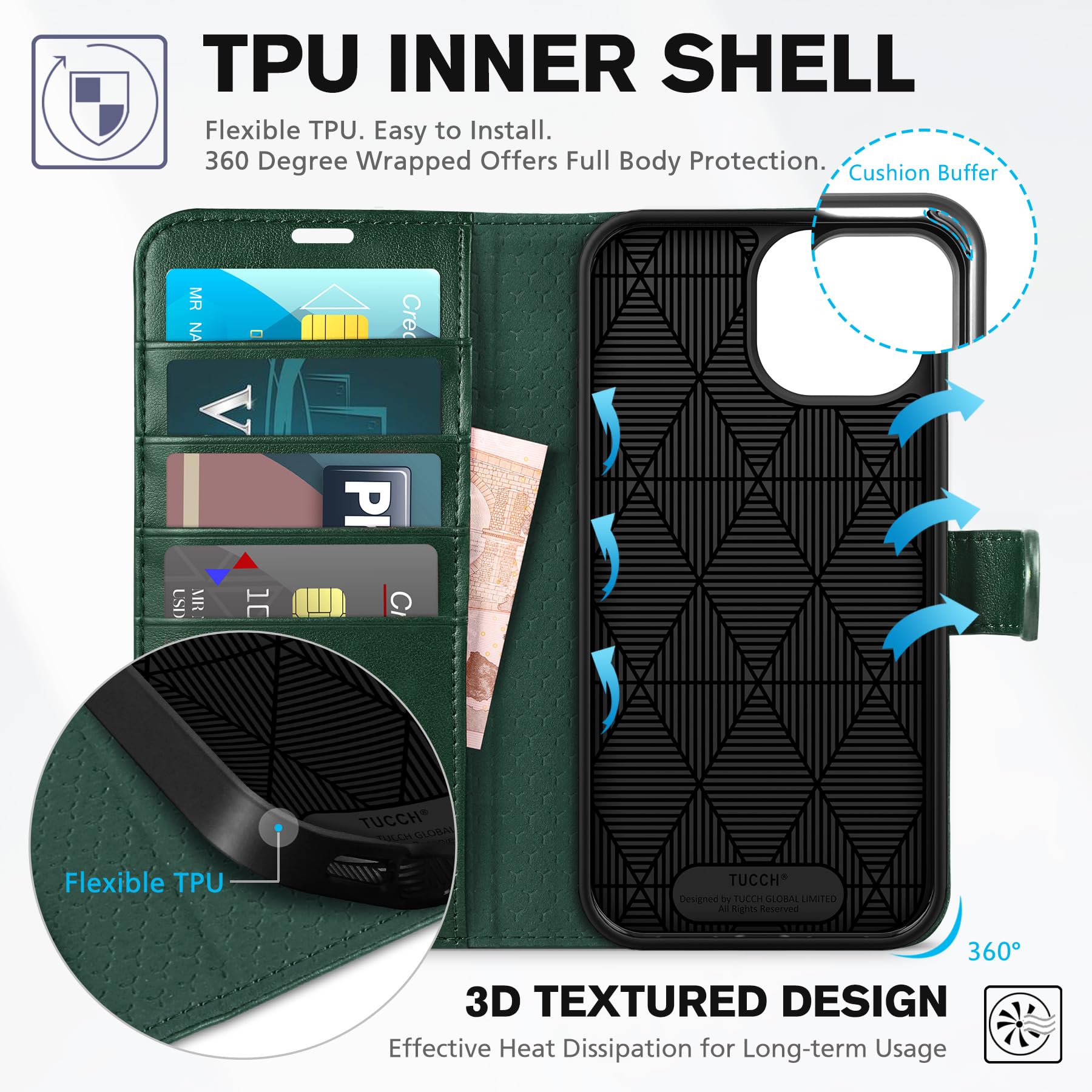 iPhone 15 6.1", Kickstand PU Leather [RFID Blocking] 4 Card Holder Magnetic Stand Protective Cover [TPU Shockproof Inner Shell] 5G 2023, Black