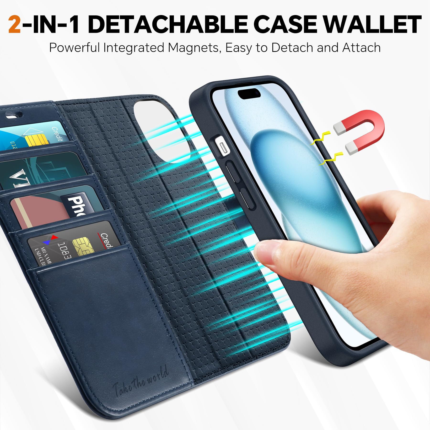 iPhone 15 6.1", Kickstand PU Leather [RFID Blocking] 4 Card Holder Magnetic Stand Protective Cover [TPU Shockproof Inner Shell] 5G 2023, Black