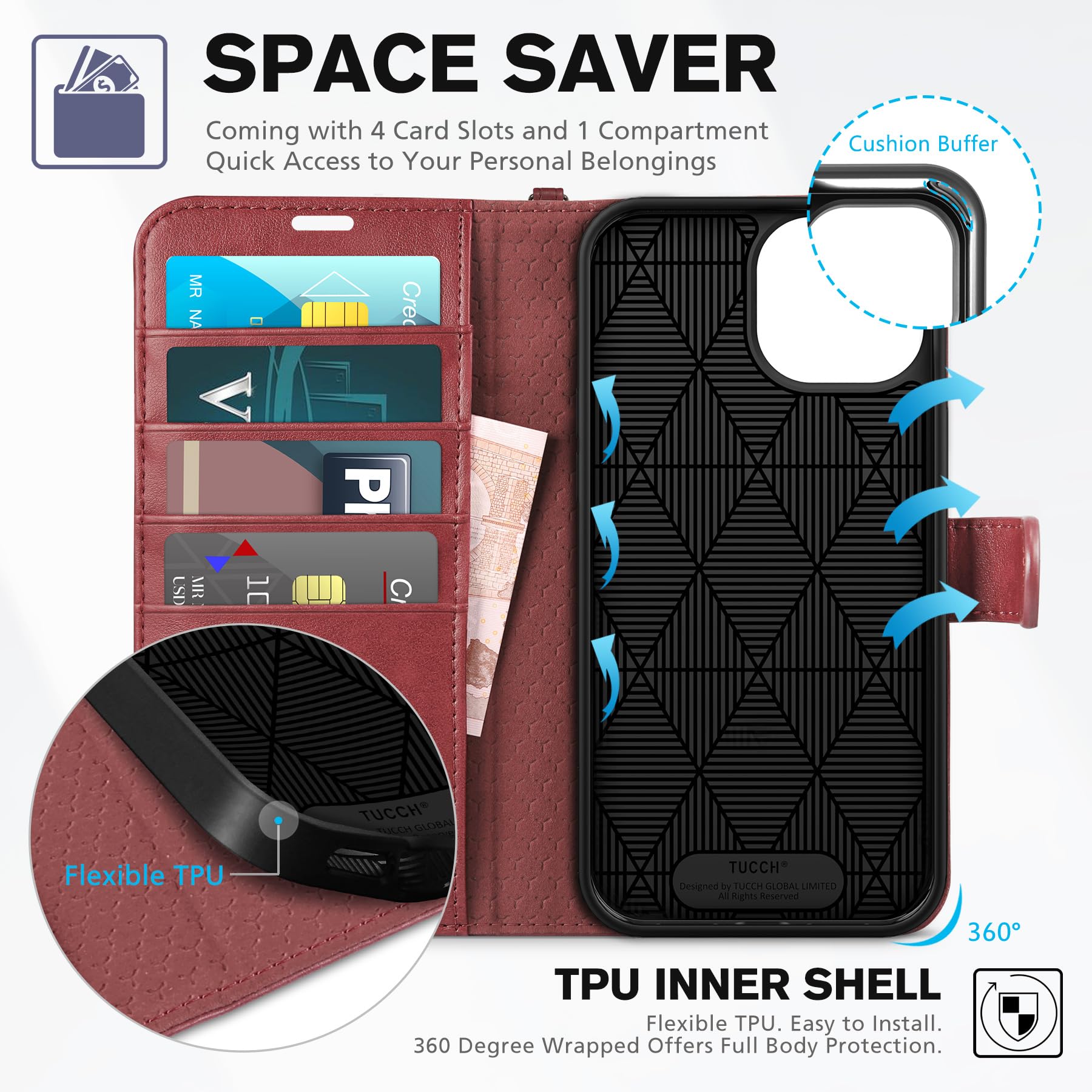 iPhone 15 6.1", Kickstand PU Leather [RFID Blocking] 4 Card Holder Magnetic Stand Protective Cover [TPU Shockproof Inner Shell] 5G 2023, Black