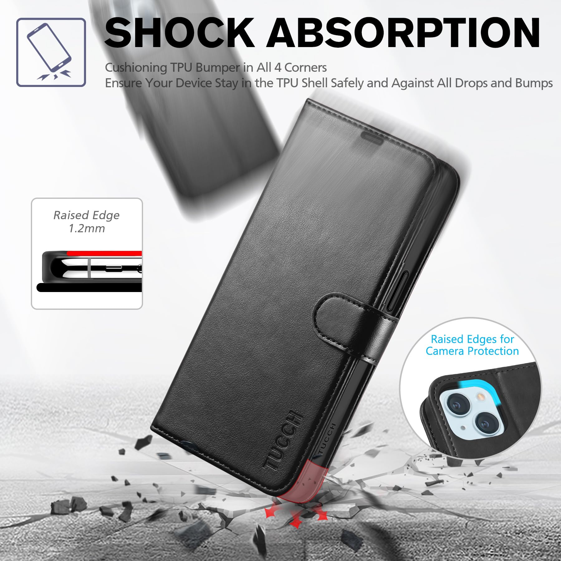 iPhone 15 6.1", Kickstand PU Leather [RFID Blocking] 4 Card Holder Magnetic Stand Protective Cover [TPU Shockproof Inner Shell] 5G 2023, Black