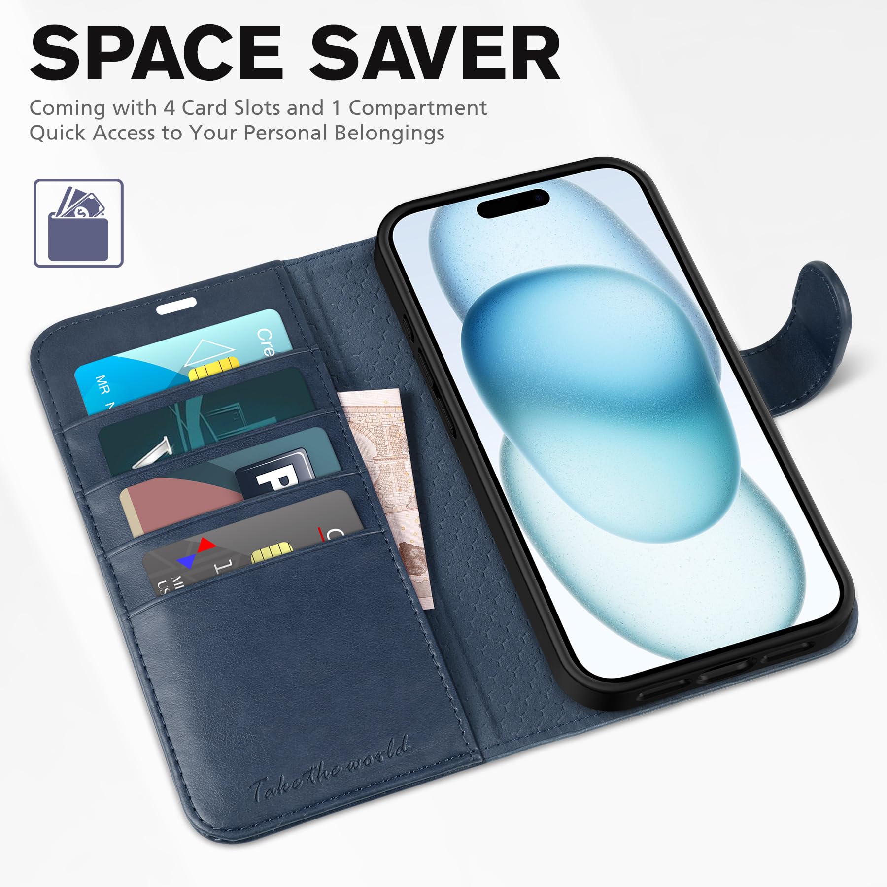 iPhone 15 6.1", Kickstand PU Leather [RFID Blocking] 4 Card Holder Magnetic Stand Protective Cover [TPU Shockproof Inner Shell] 5G 2023, Black