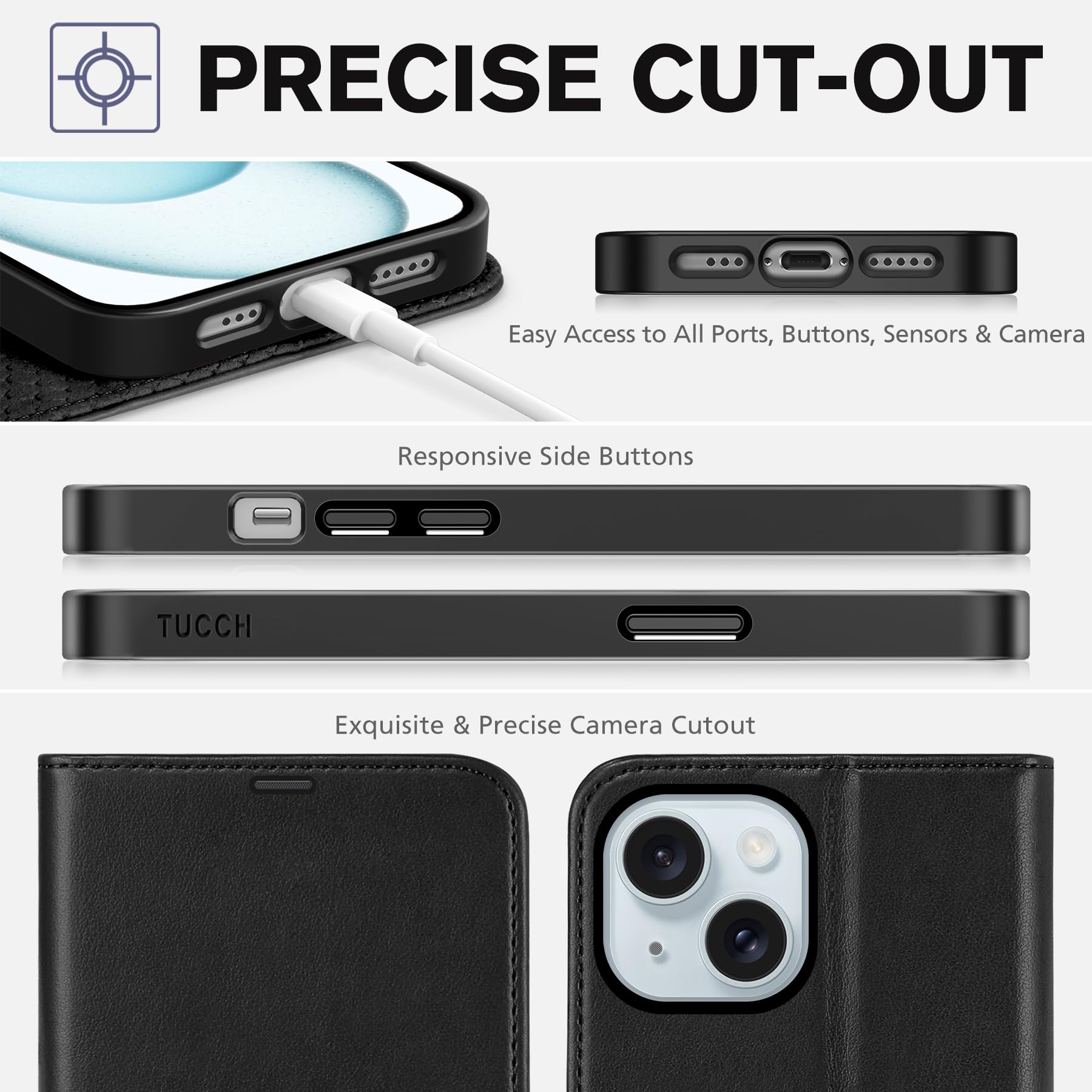 iPhone 15 6.1", Kickstand PU Leather [RFID Blocking] 4 Card Holder Magnetic Stand Protective Cover [TPU Shockproof Inner Shell] 5G 2023, Black