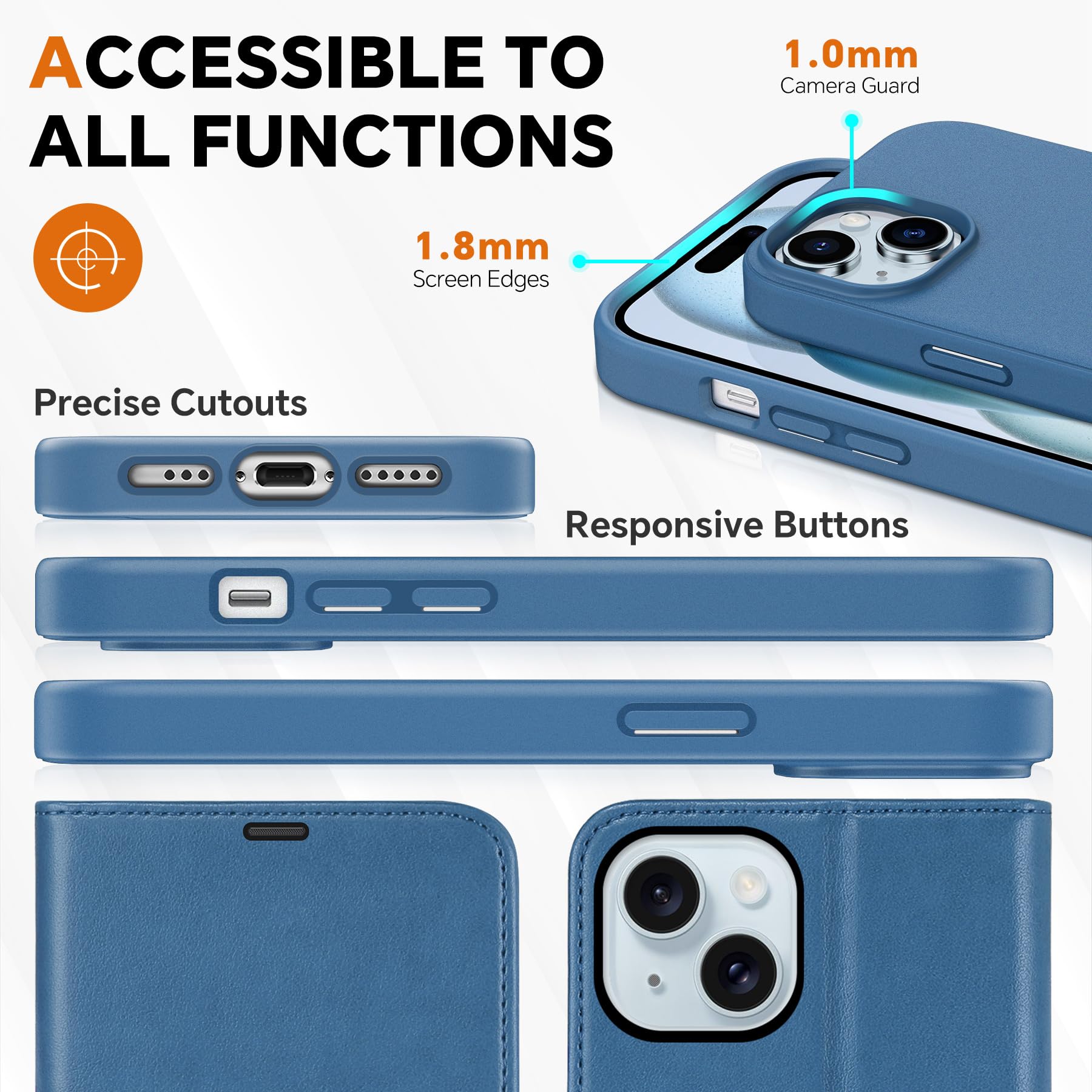 iPhone 15 6.1", Kickstand PU Leather [RFID Blocking] 4 Card Holder Magnetic Stand Protective Cover [TPU Shockproof Inner Shell] 5G 2023, Black