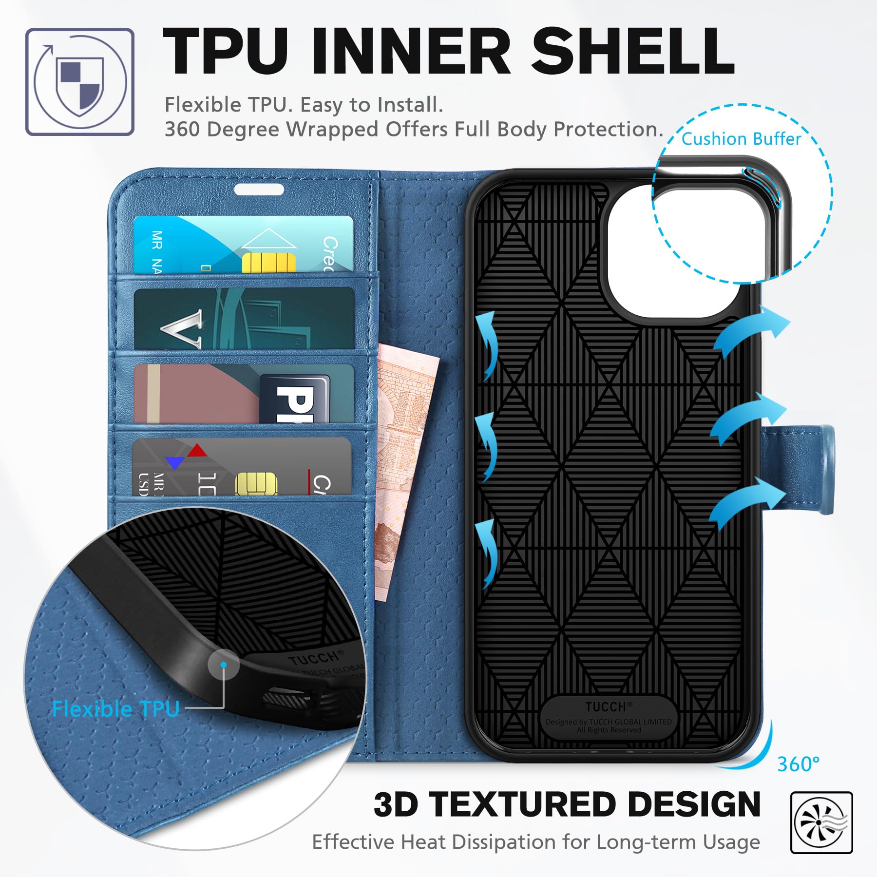 iPhone 15 6.1", Kickstand PU Leather [RFID Blocking] 4 Card Holder Magnetic Stand Protective Cover [TPU Shockproof Inner Shell] 5G 2023, Black