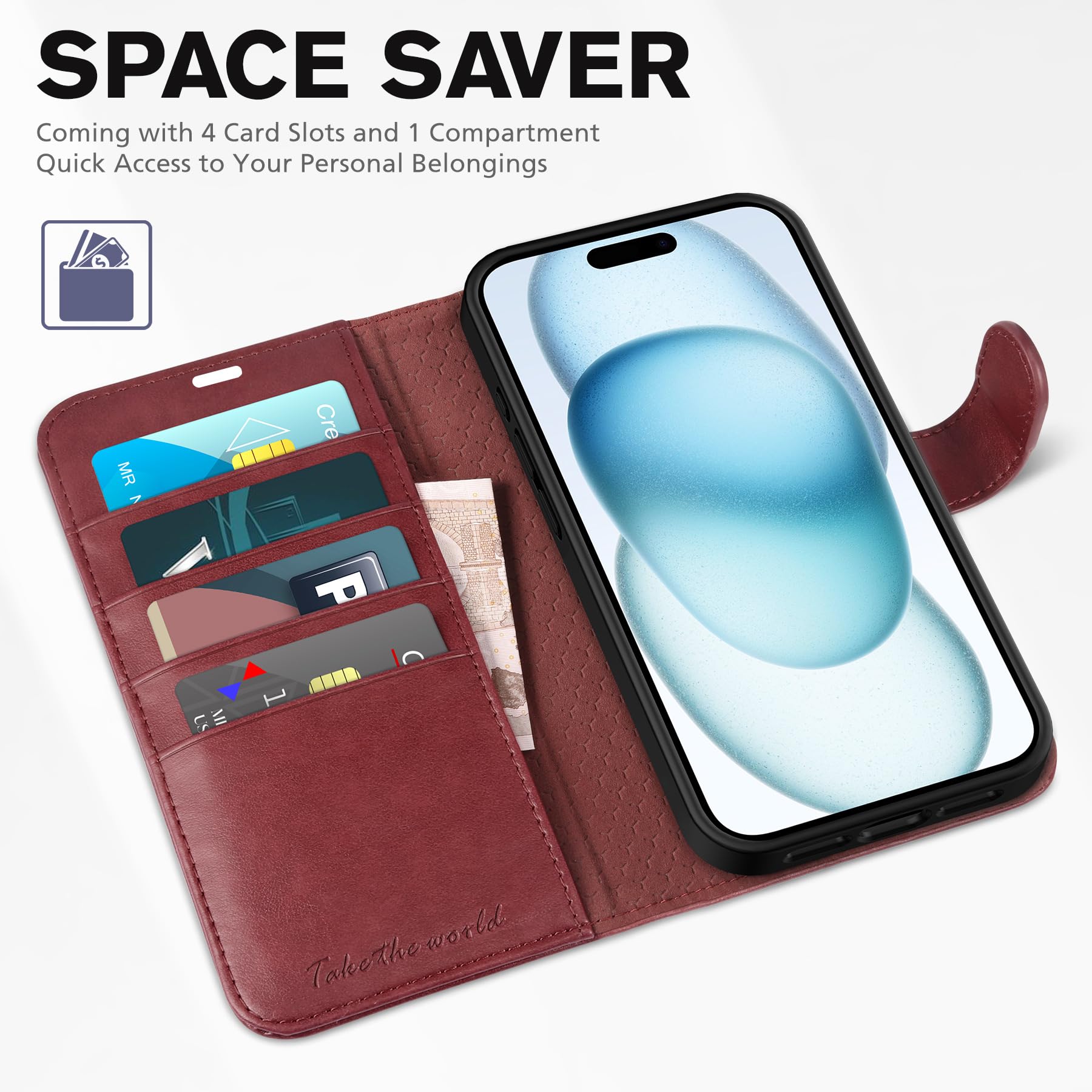 iPhone 15 6.1", Kickstand PU Leather [RFID Blocking] 4 Card Holder Magnetic Stand Protective Cover [TPU Shockproof Inner Shell] 5G 2023, Black