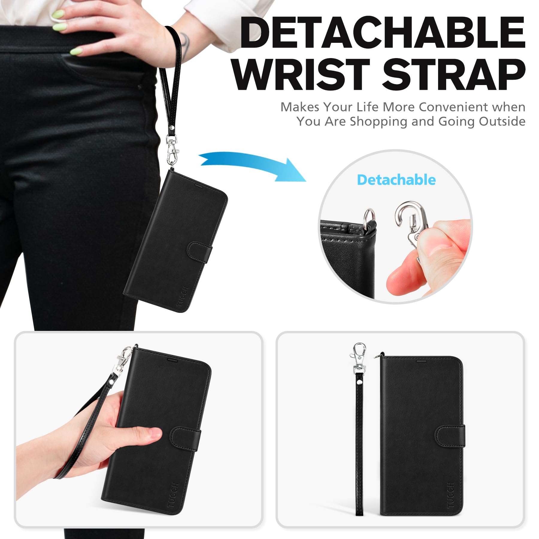 iPhone 15 Pro Max, RFID Blocking 4 Card Holder Kickstand Shockproof TPU Inner Case, PU Leather Magnetic Flip Folio Cover, Black