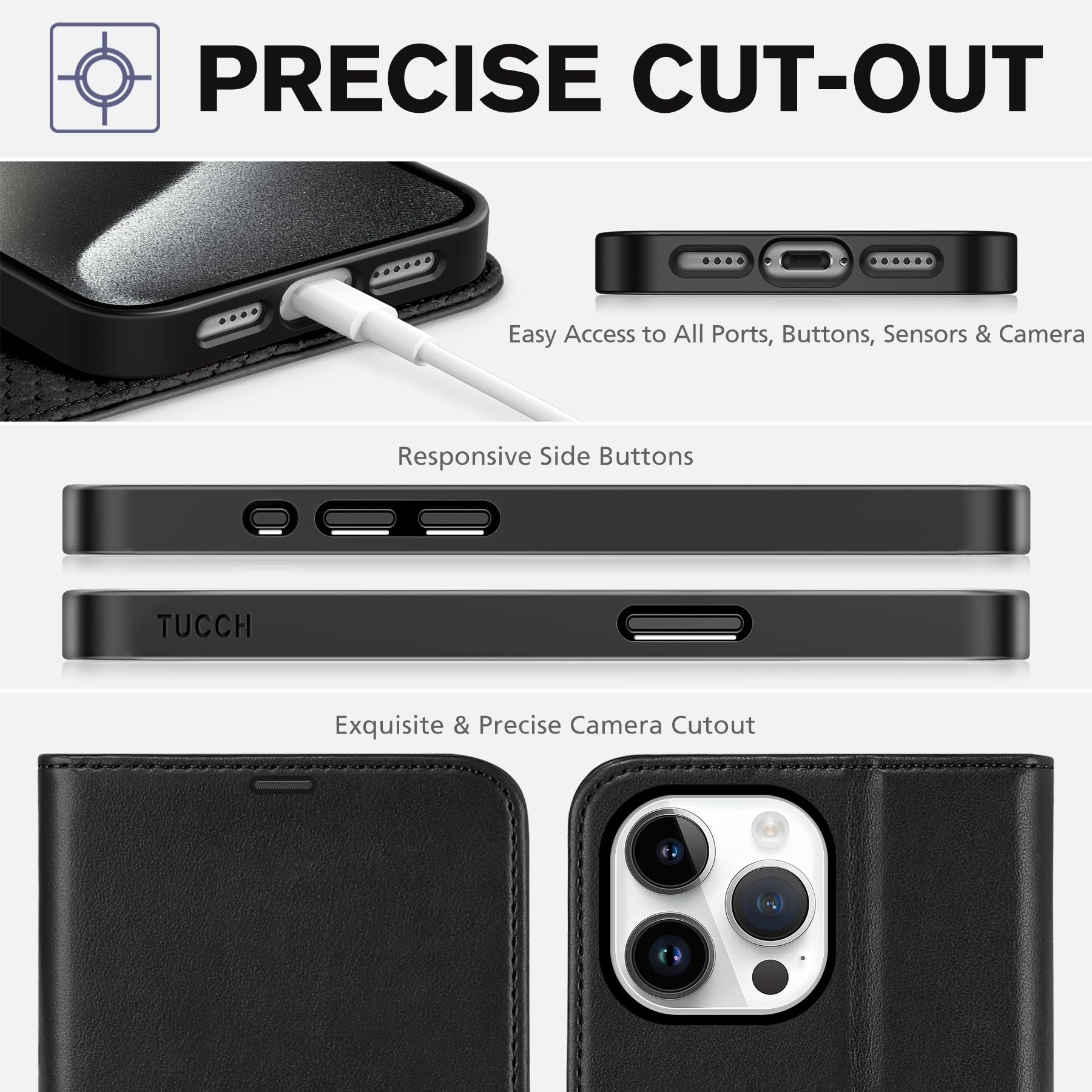 iPhone 15 Pro Max, RFID Blocking 4 Card Holder Kickstand Shockproof TPU Inner Case, PU Leather Magnetic Flip Folio Cover, Black