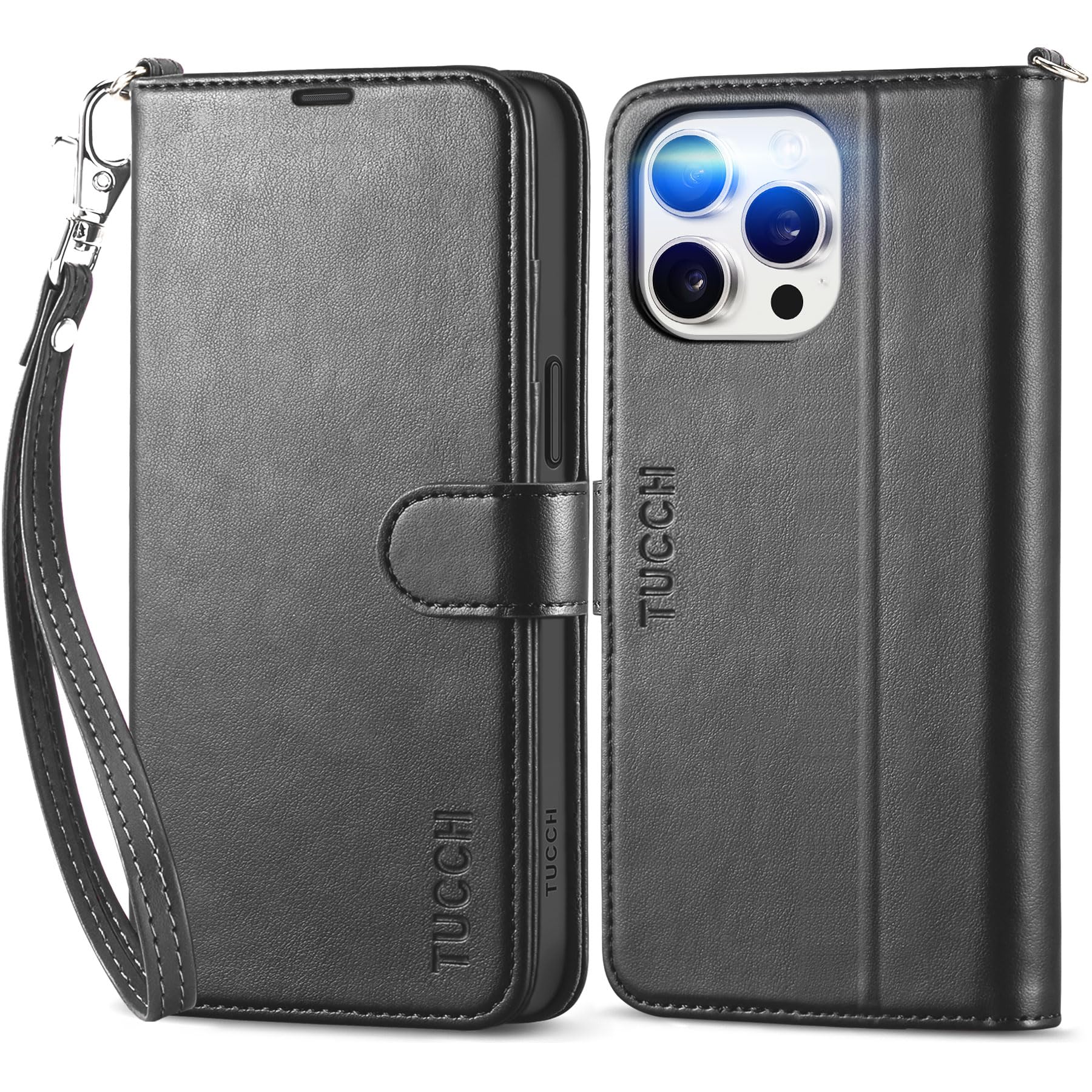 iPhone 15 Pro Max, RFID Blocking 4 Card Holder Kickstand Shockproof TPU Inner Case, PU Leather Magnetic Flip Folio Cover, Black