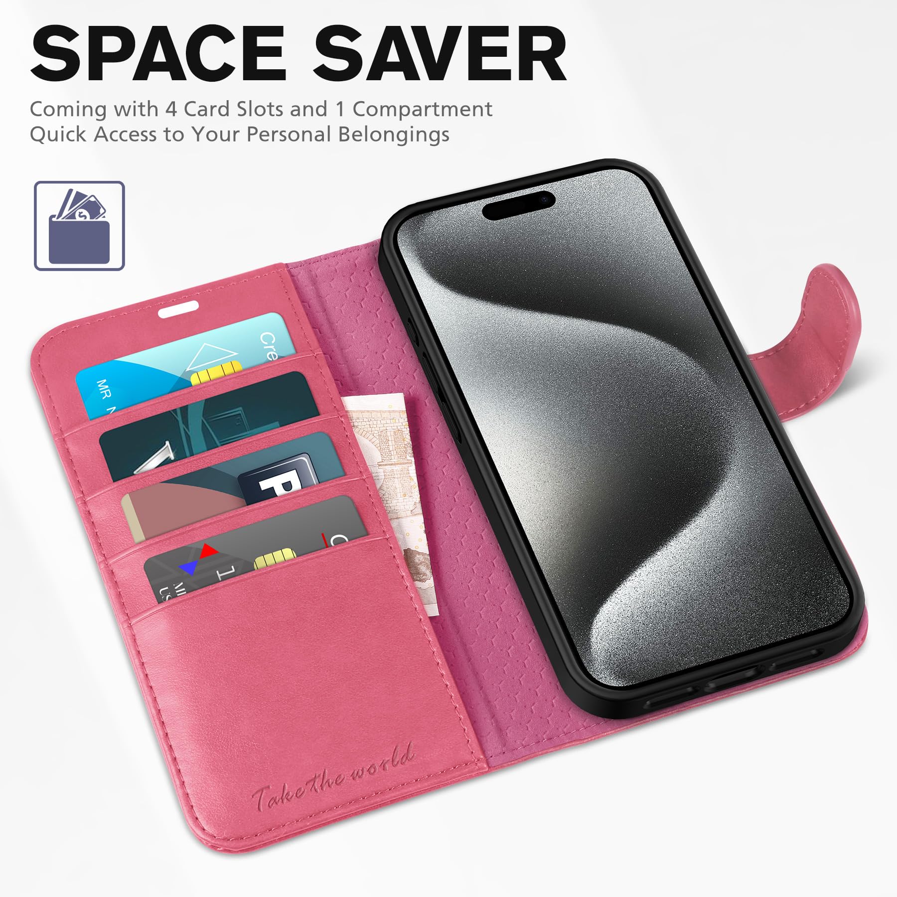 iPhone 15 Pro Max, RFID Blocking 4 Card Holder Kickstand Shockproof TPU Inner Case, PU Leather Magnetic Flip Folio Cover, Black