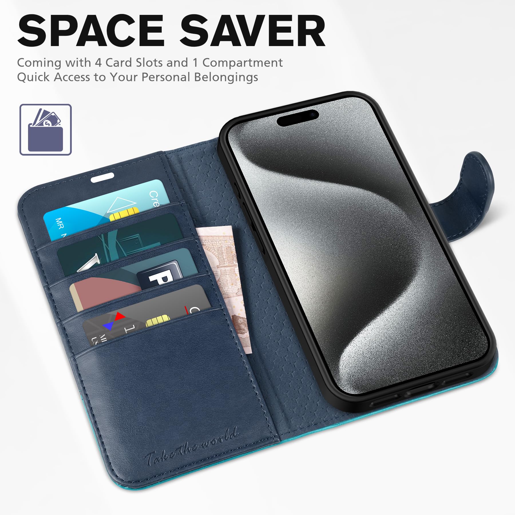 iPhone 15 Pro Max, RFID Blocking 4 Card Holder Kickstand Shockproof TPU Inner Case, PU Leather Magnetic Flip Folio Cover, Black