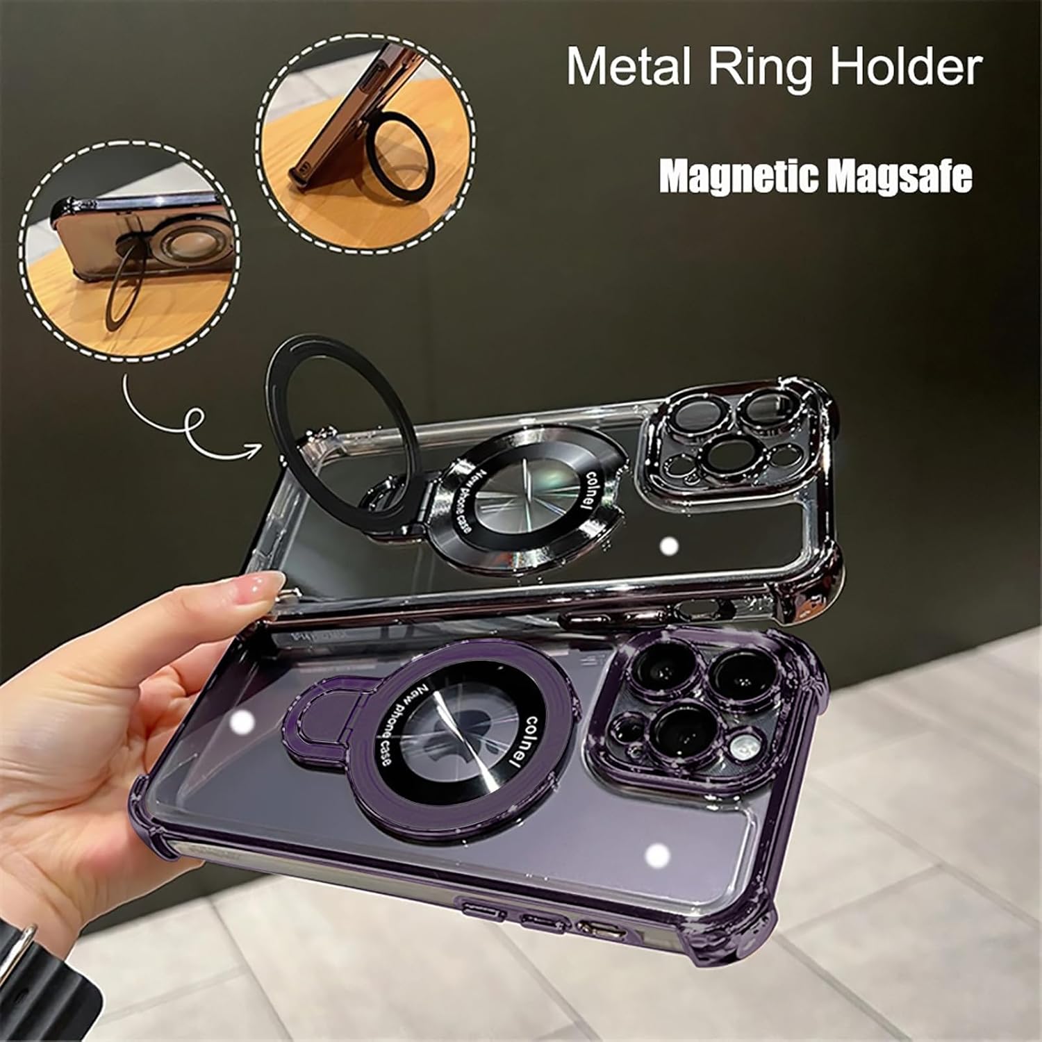 iPhone 16 Pro Max Case with Integrated Lens Protection, [Foldable Stand & Ring Holder], Glossy Shockproof Bumper Stylish Women Case for iPhone 16 Pro Max, Purple