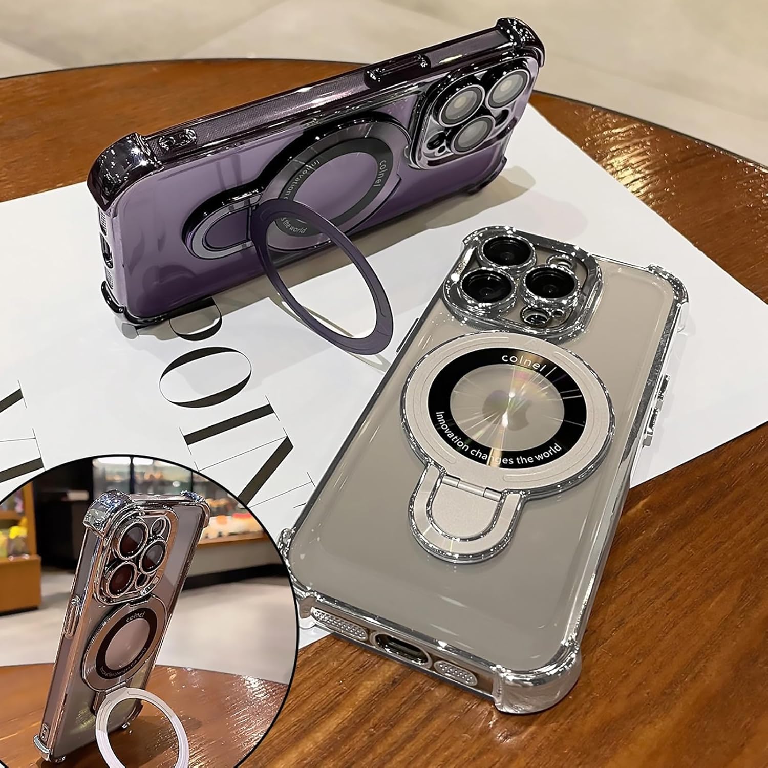 iPhone 16 Pro Max Case with Integrated Lens Protection, [Foldable Stand & Ring Holder], Glossy Shockproof Bumper Stylish Women Case for iPhone 16 Pro Max, Purple