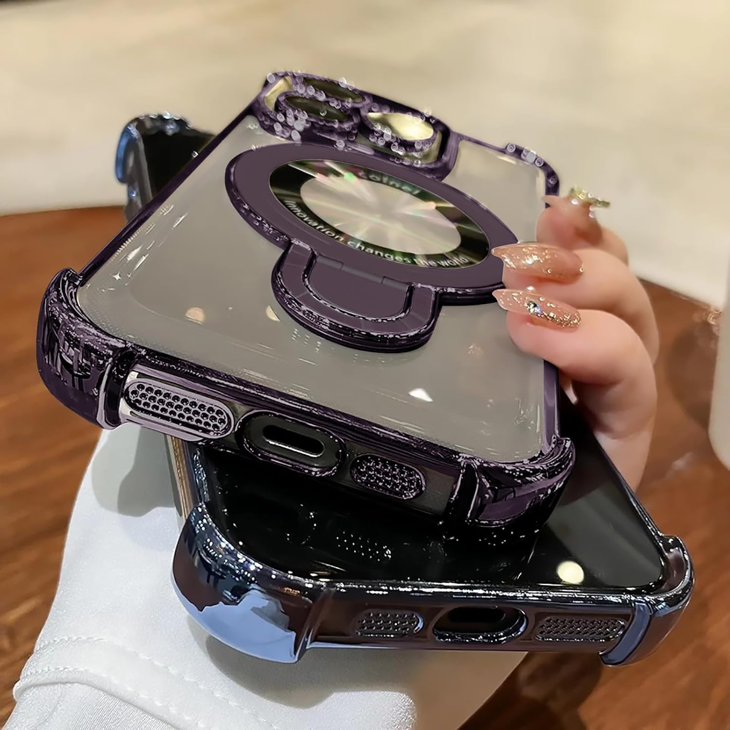 iPhone 16 Pro Max Case with Integrated Lens Protection, [Foldable Stand & Ring Holder], Glossy Shockproof Bumper Stylish Women Case for iPhone 16 Pro Max, Purple