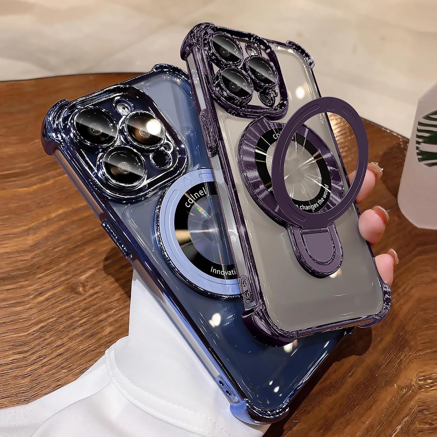 iPhone 16 Pro Max Case with Integrated Lens Protection, [Foldable Stand & Ring Holder], Glossy Shockproof Bumper Stylish Women Case for iPhone 16 Pro Max, Purple